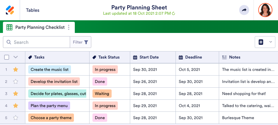 Party planning sheet template