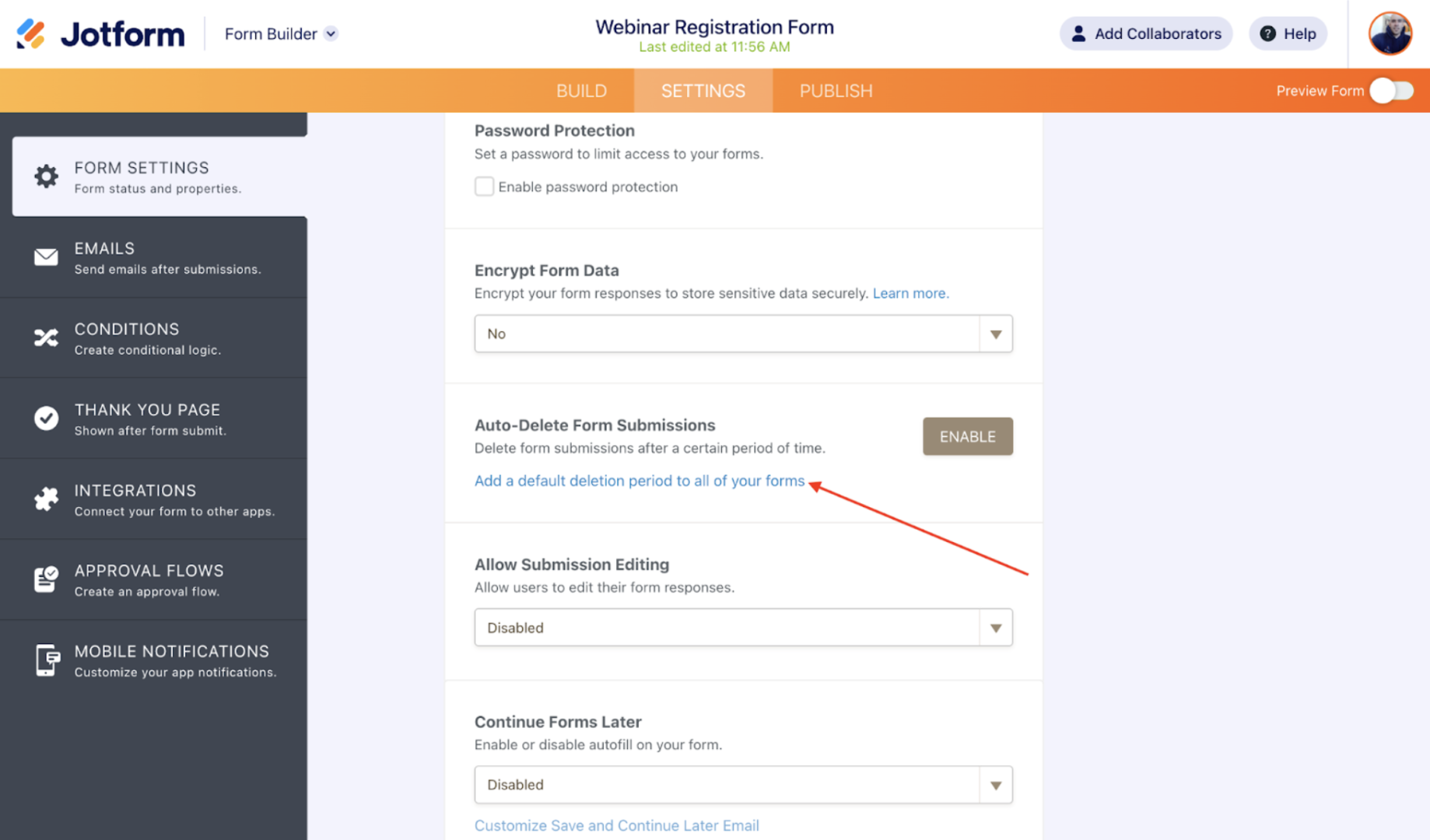 Screenshot of Form Settings Clicking on Add a Default Period to All Your Forms