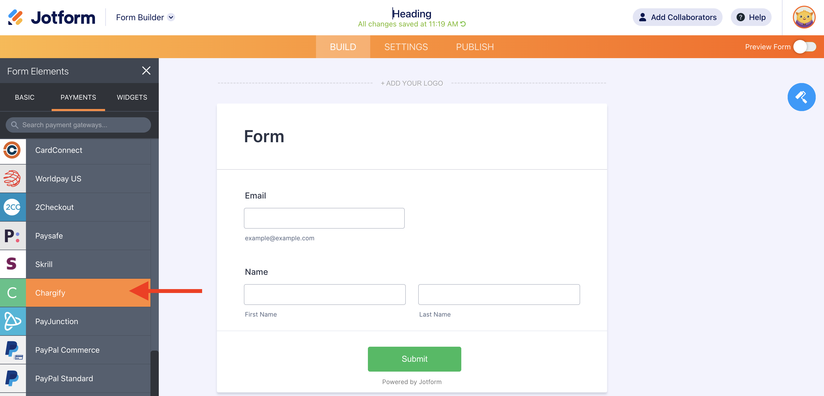Screenshot of the Form Builder Clicking on Chargify in Payments Tab