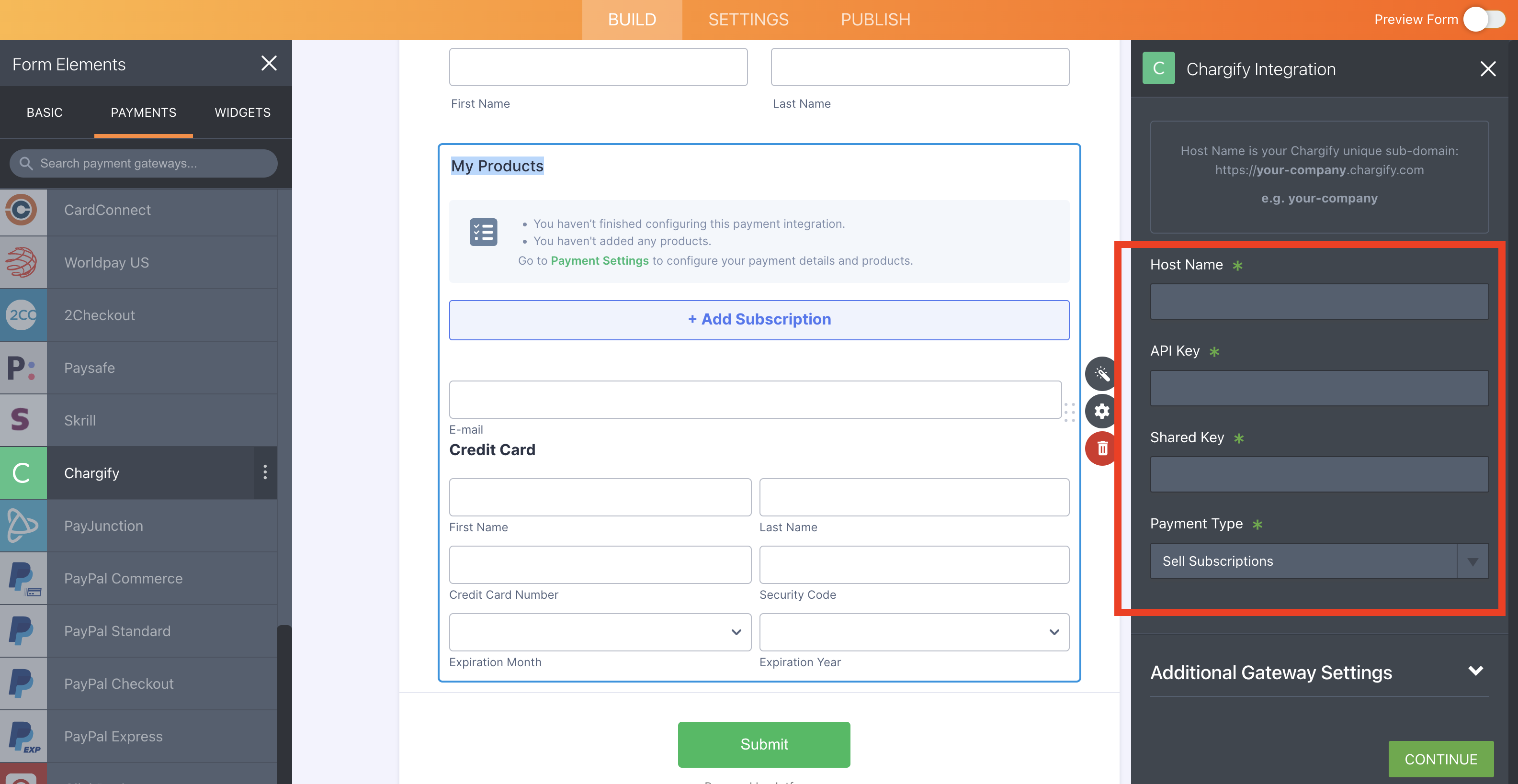 Screenshot of the Form Builder Connecting Chargify Integration