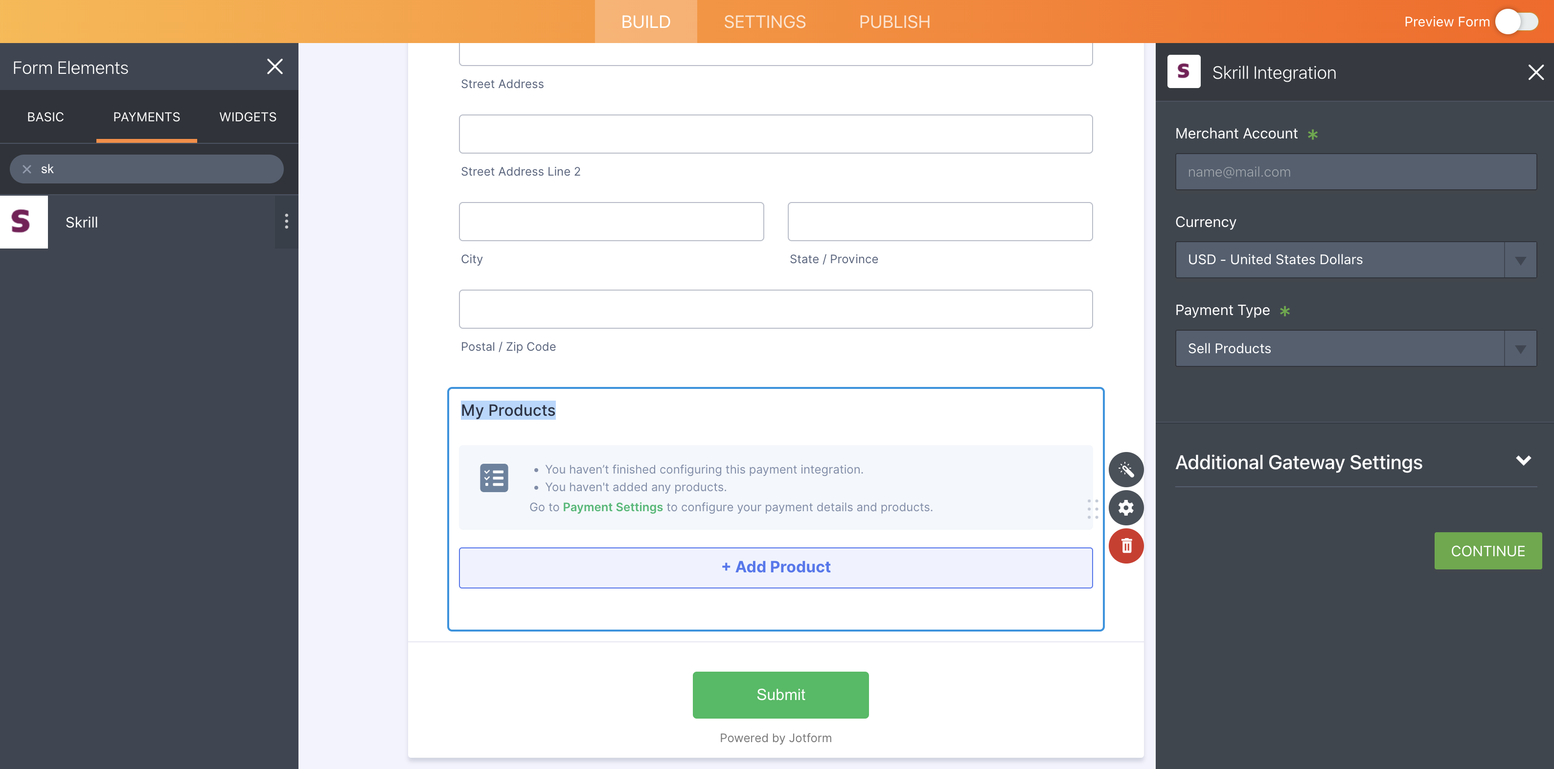 Screenshot of Form Builder Connecting Skrill Integration