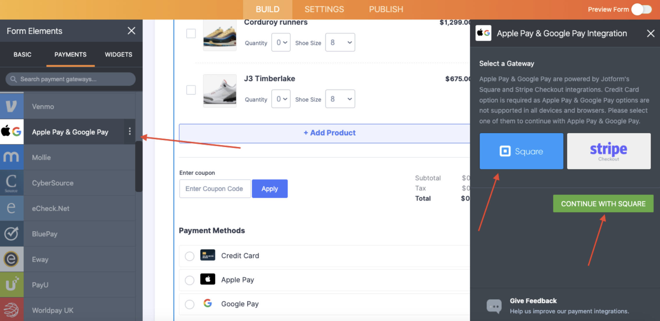 Screenshot of Payments Menu Selecting Apple Pay & Google Pay Integration Clicking on Square