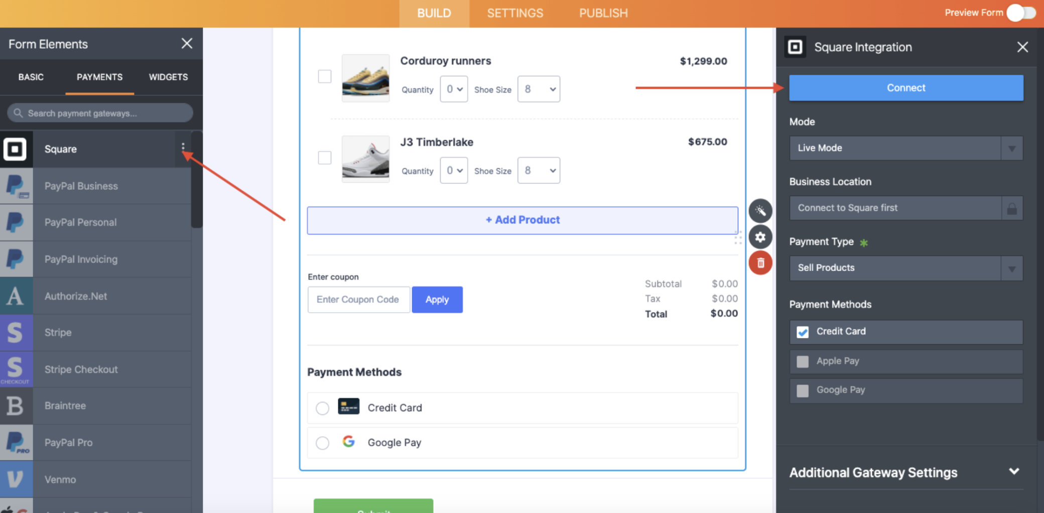 Screenshot of Payments Menu Selecting Square Integration
