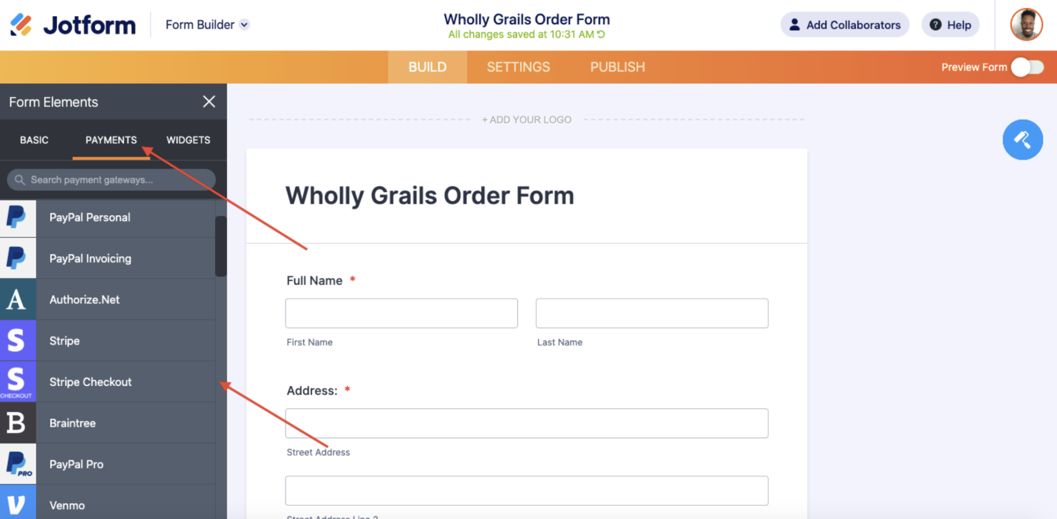 Screenshot of Form Builder Selecting Stripe Checkout from Payments Menu