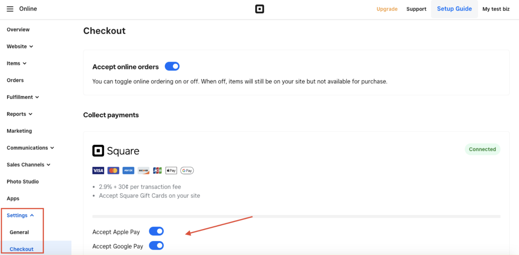 Screenshot of Square Store Dashboard Clicking on Accept Apple Pay & Google Pay