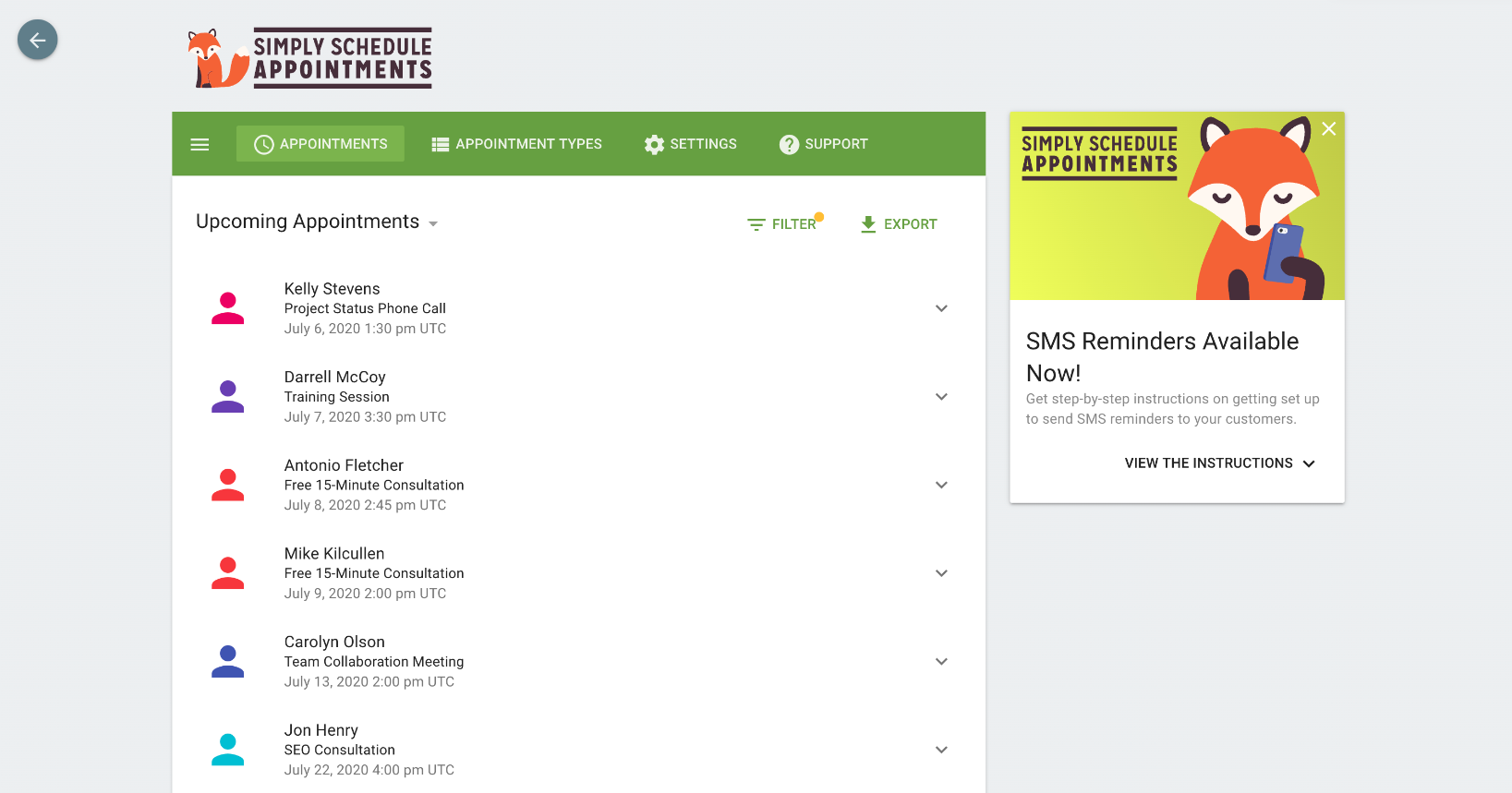 Screenshot of simply schedule appointments