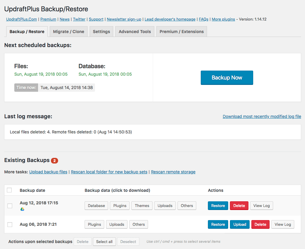 Screenshot of Updraftplus