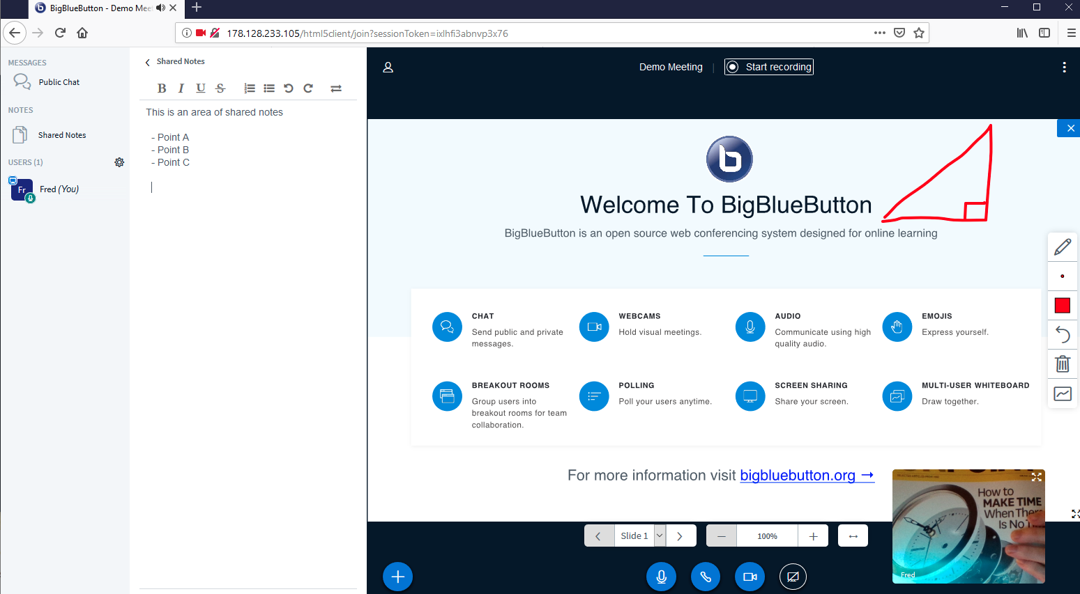 Screenshot of video conference with bigbluebutton