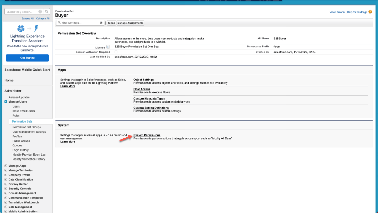 Image of a Salesforce profile with an arrow pointing to System Permissions