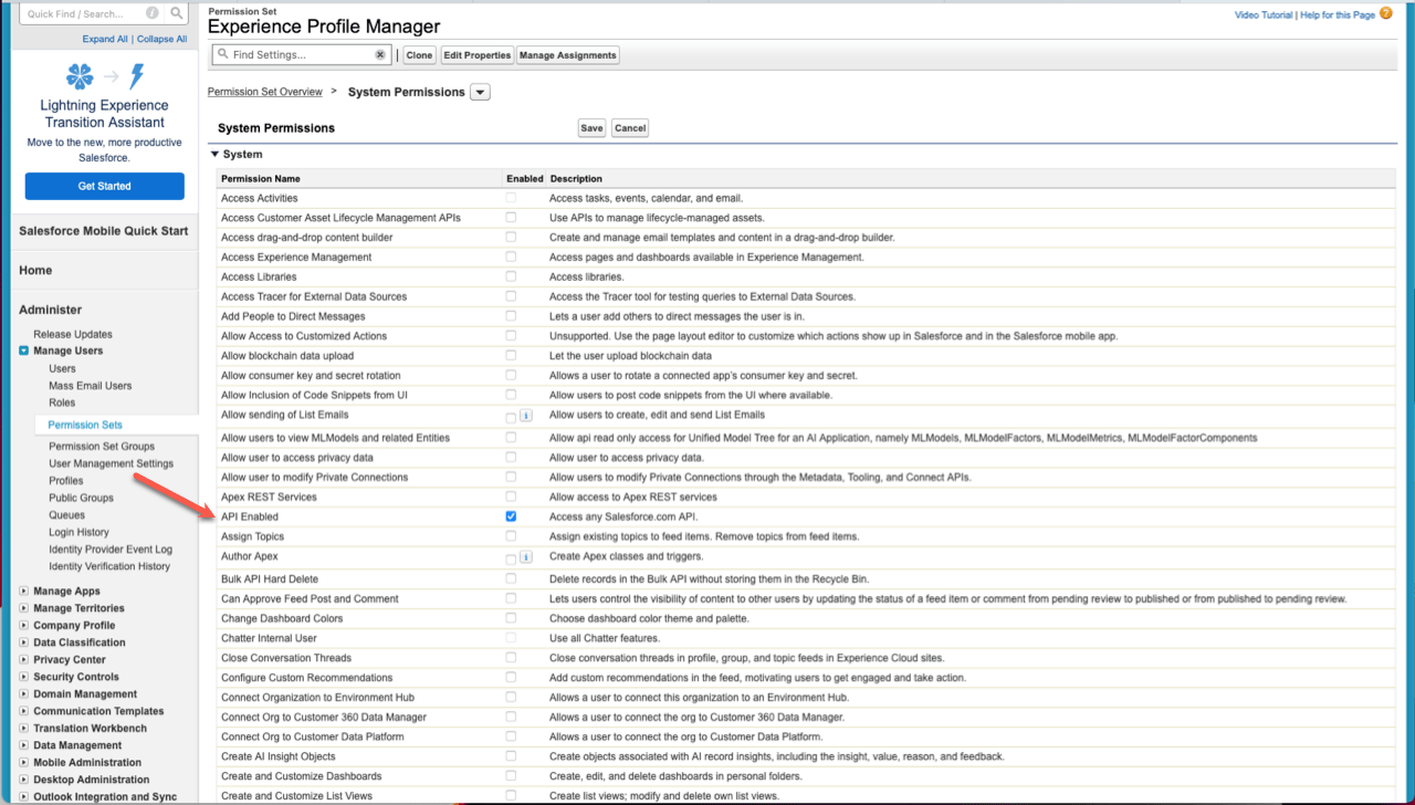 Image of system permissions with an arrow pointing to the API Enabled option in the middle of the screen