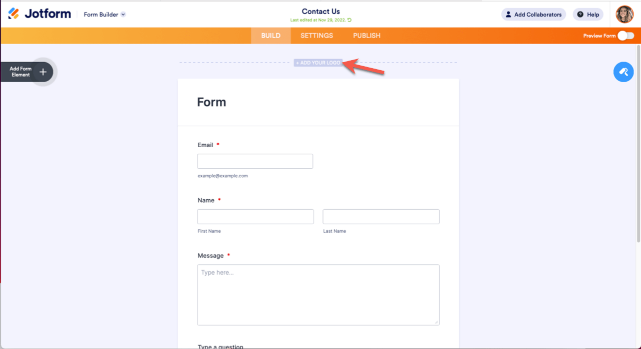 Form Builder with an arrow pointing to the Add Your Logo button at the very top