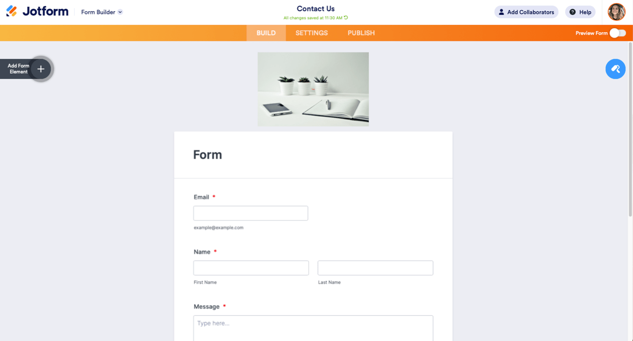 Form Builder with an image at the very top of the page