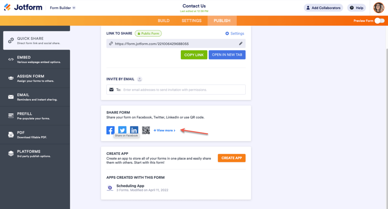 Image of the Publish Tab within the Form Builder