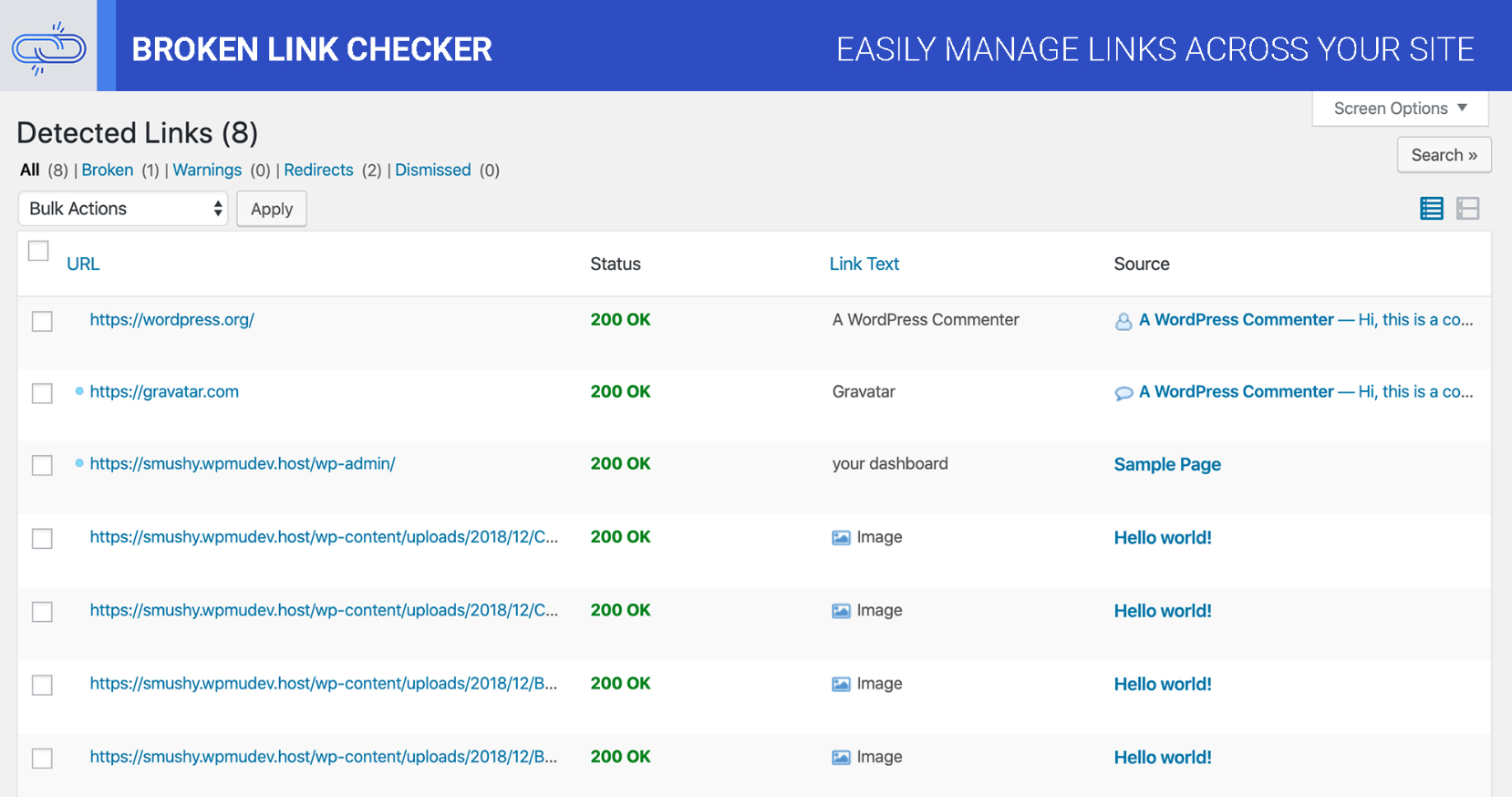 Screenshot of broken link checker