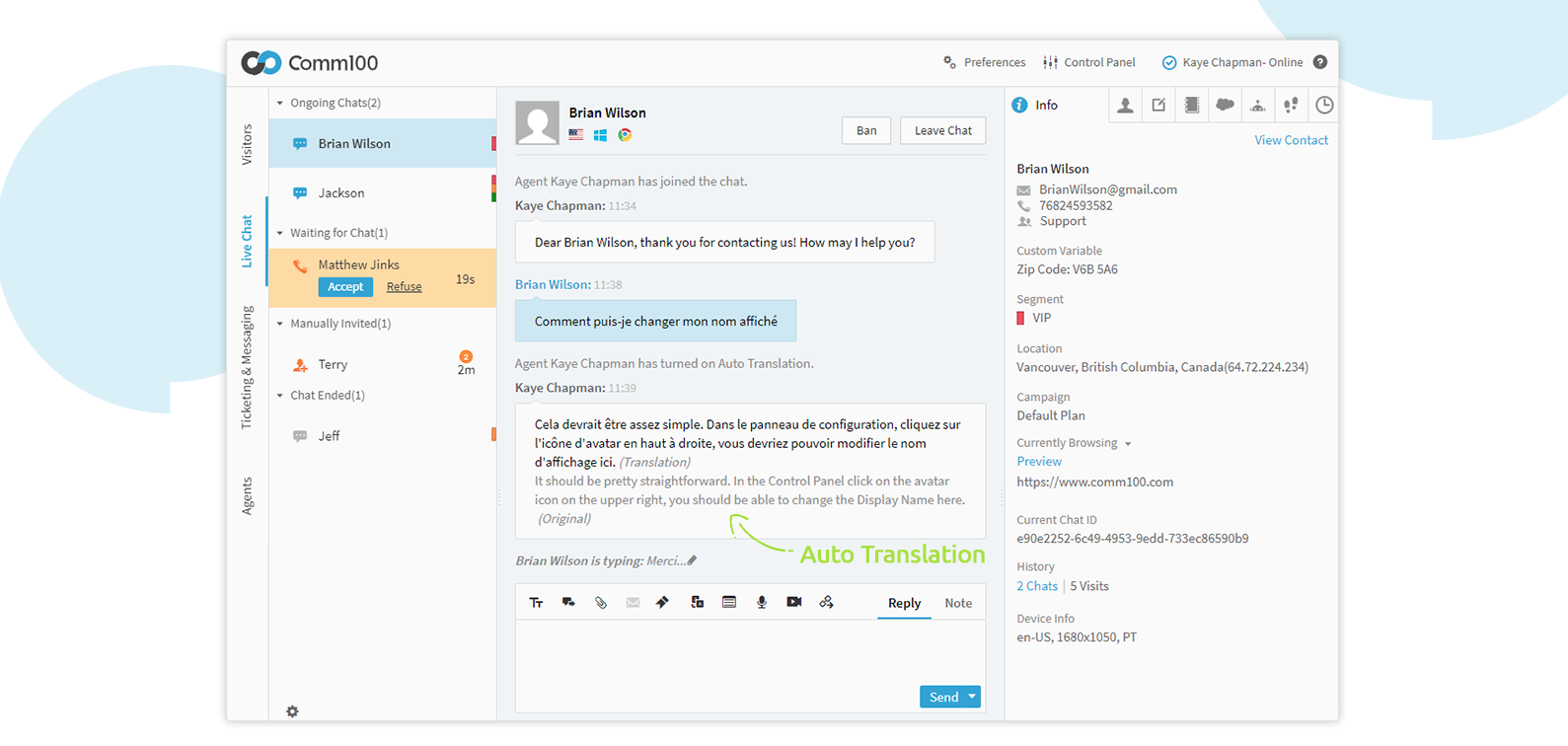 screenshot of comm100 live chat & chatbox