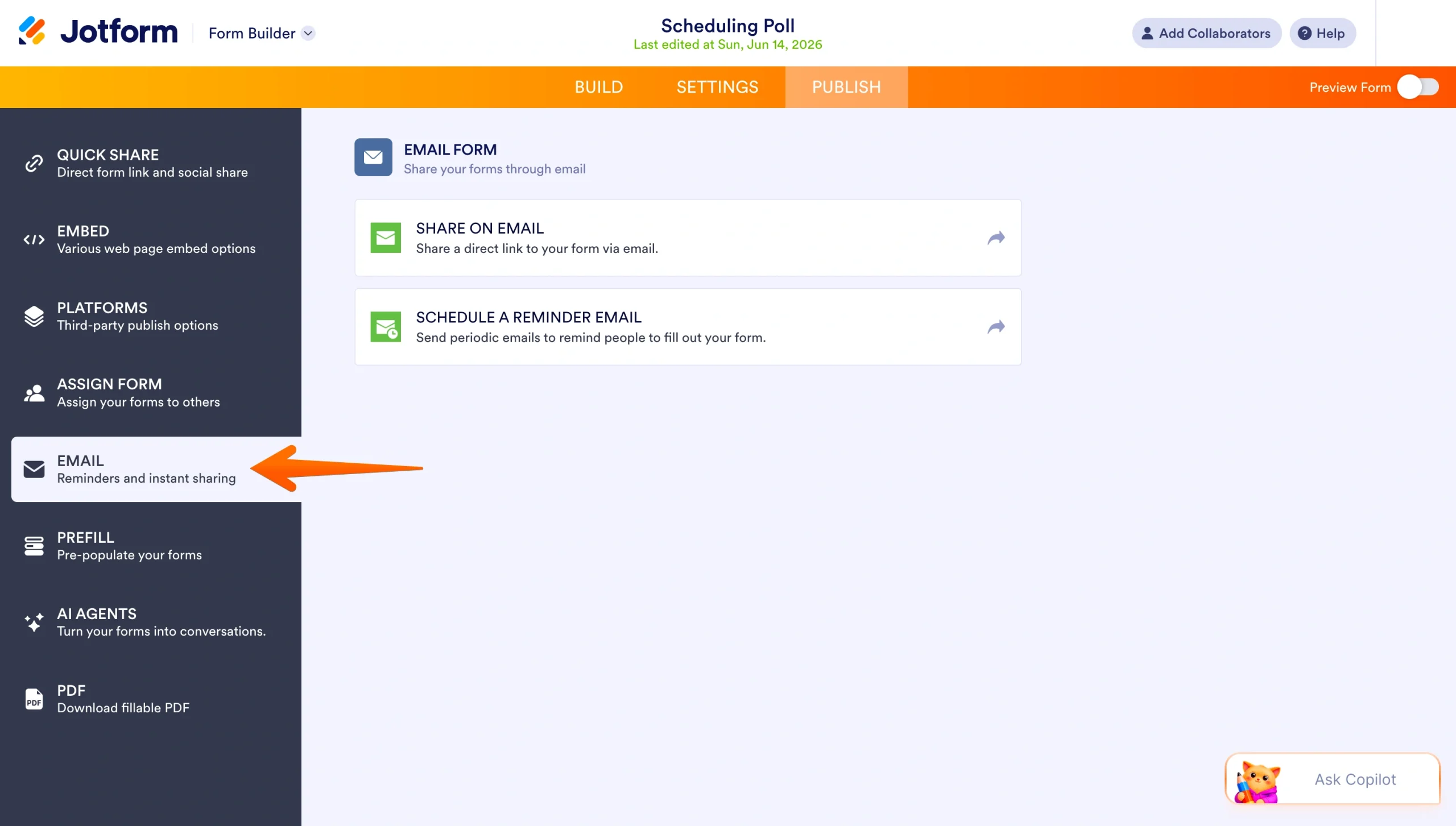 Jotform Publish page with the Email option selected in the left sidebar