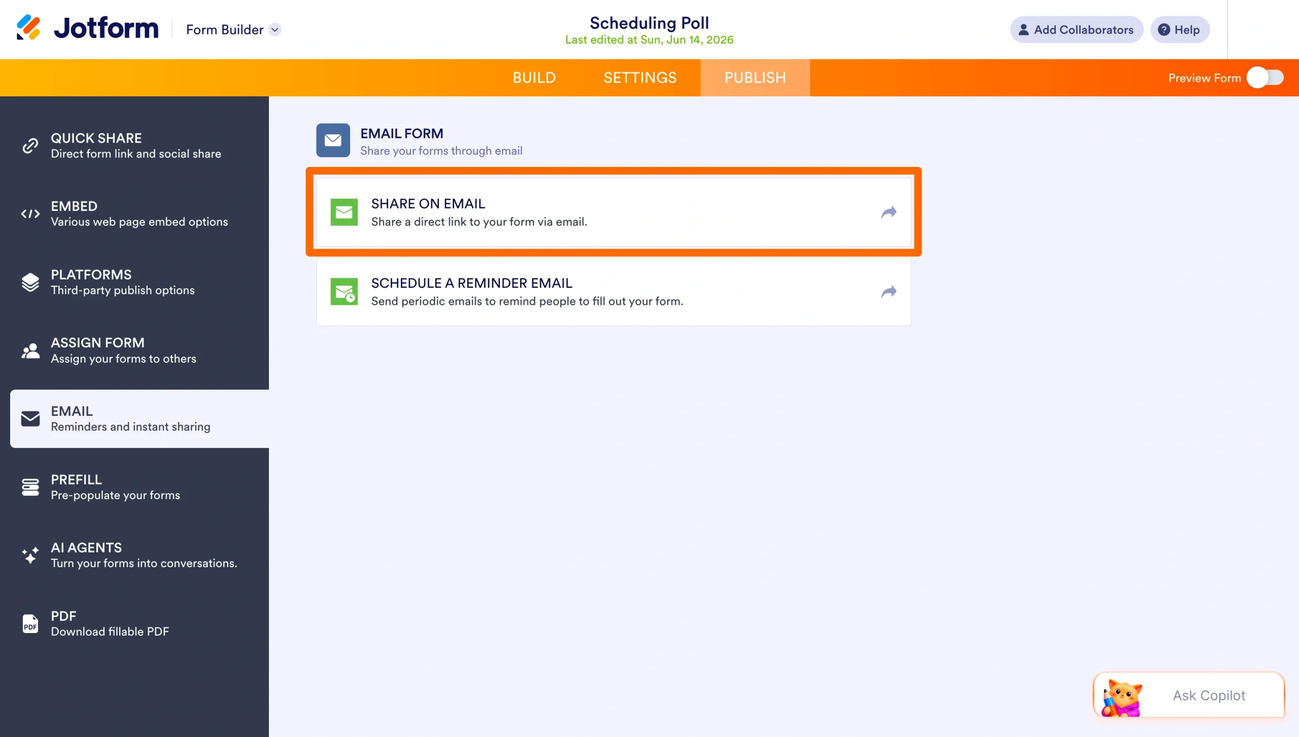 Jotform Email Form page with the Share on Email option highlighted