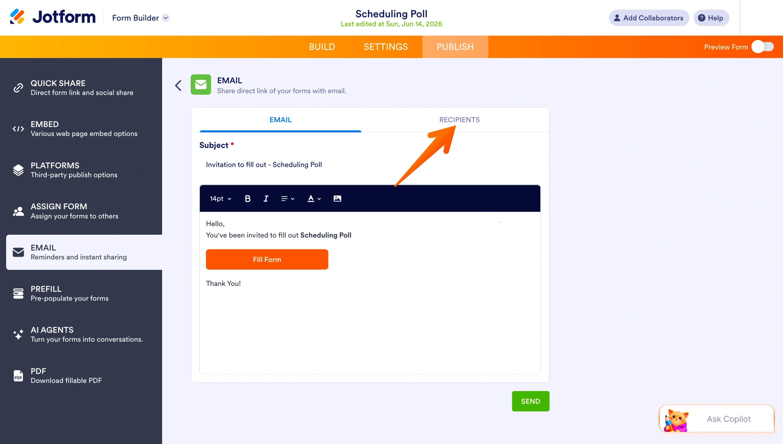 Jotform email editor with the Recipients tab highlighted