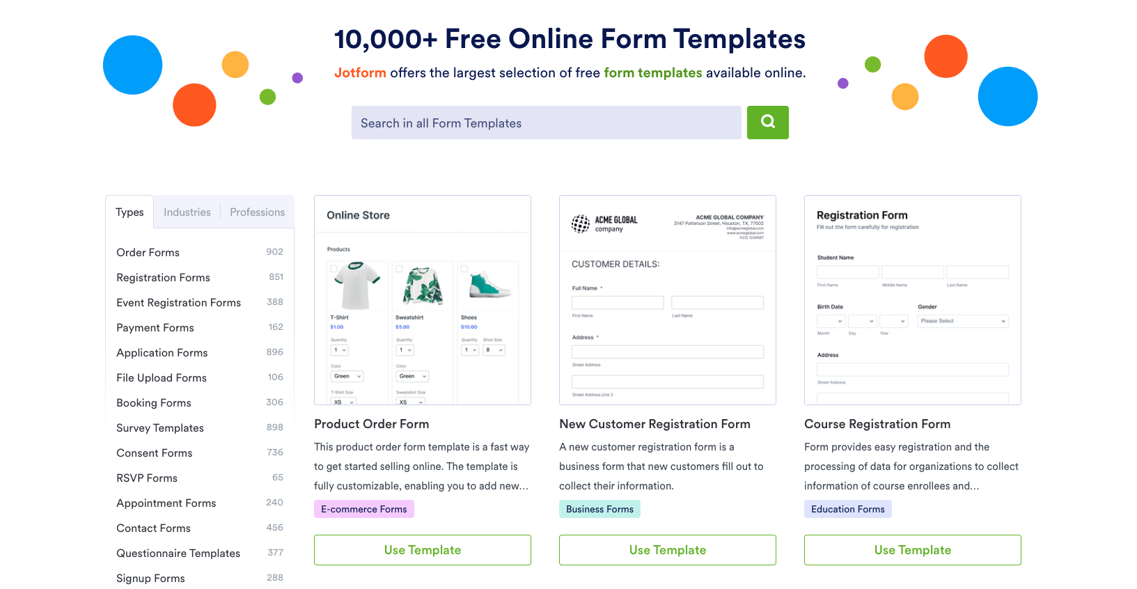 Screenshot of form templates page