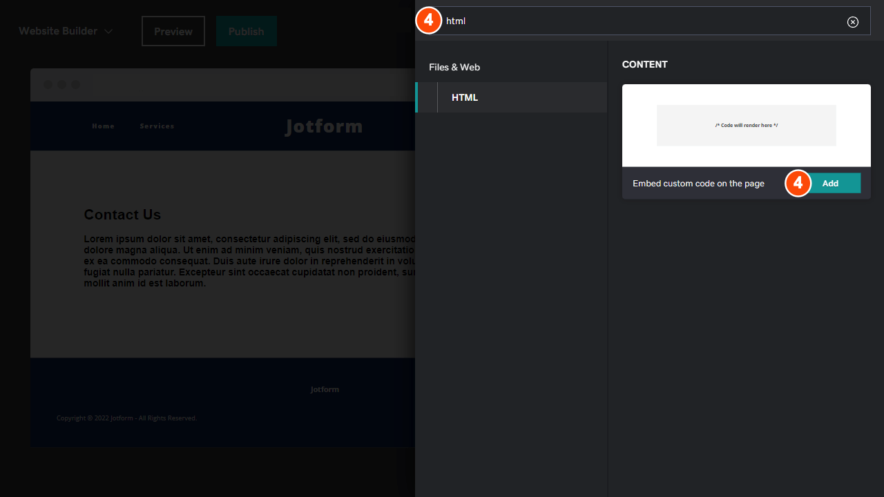 GoDaddy site builder with the HTML embedder opened