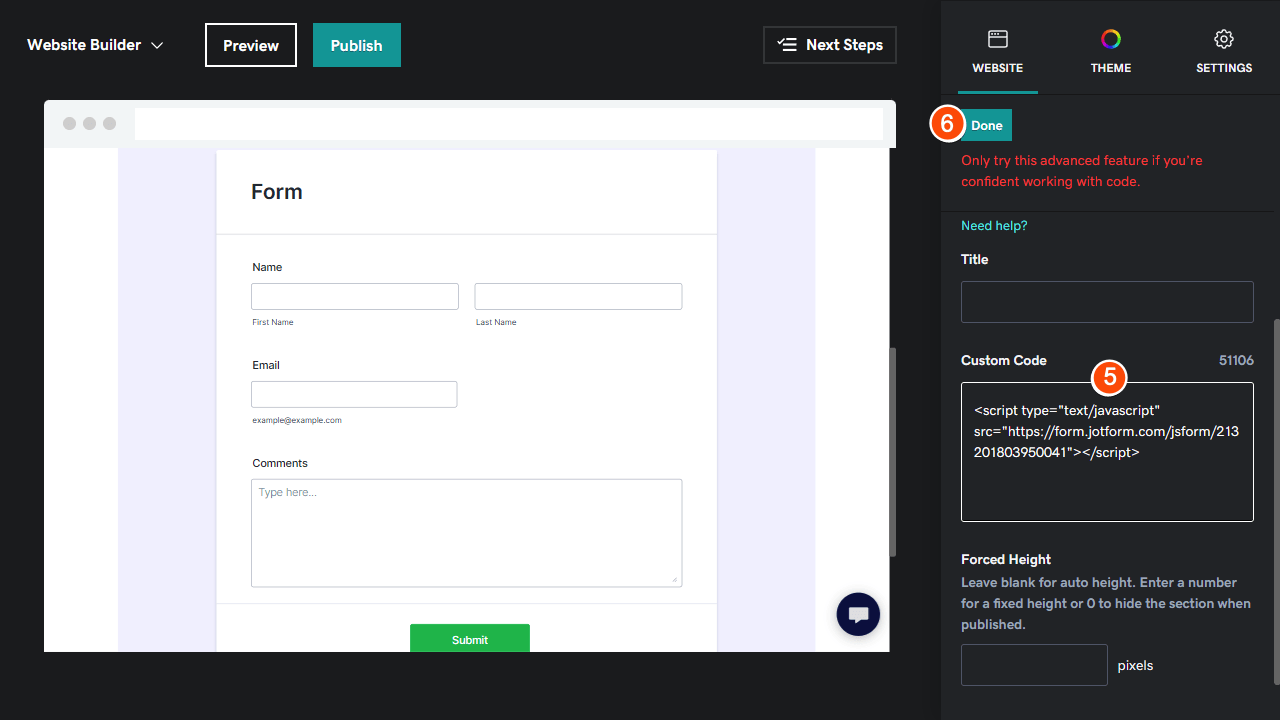 GoDaddy website builder with HTML in the custom code box and a preview image on the left side