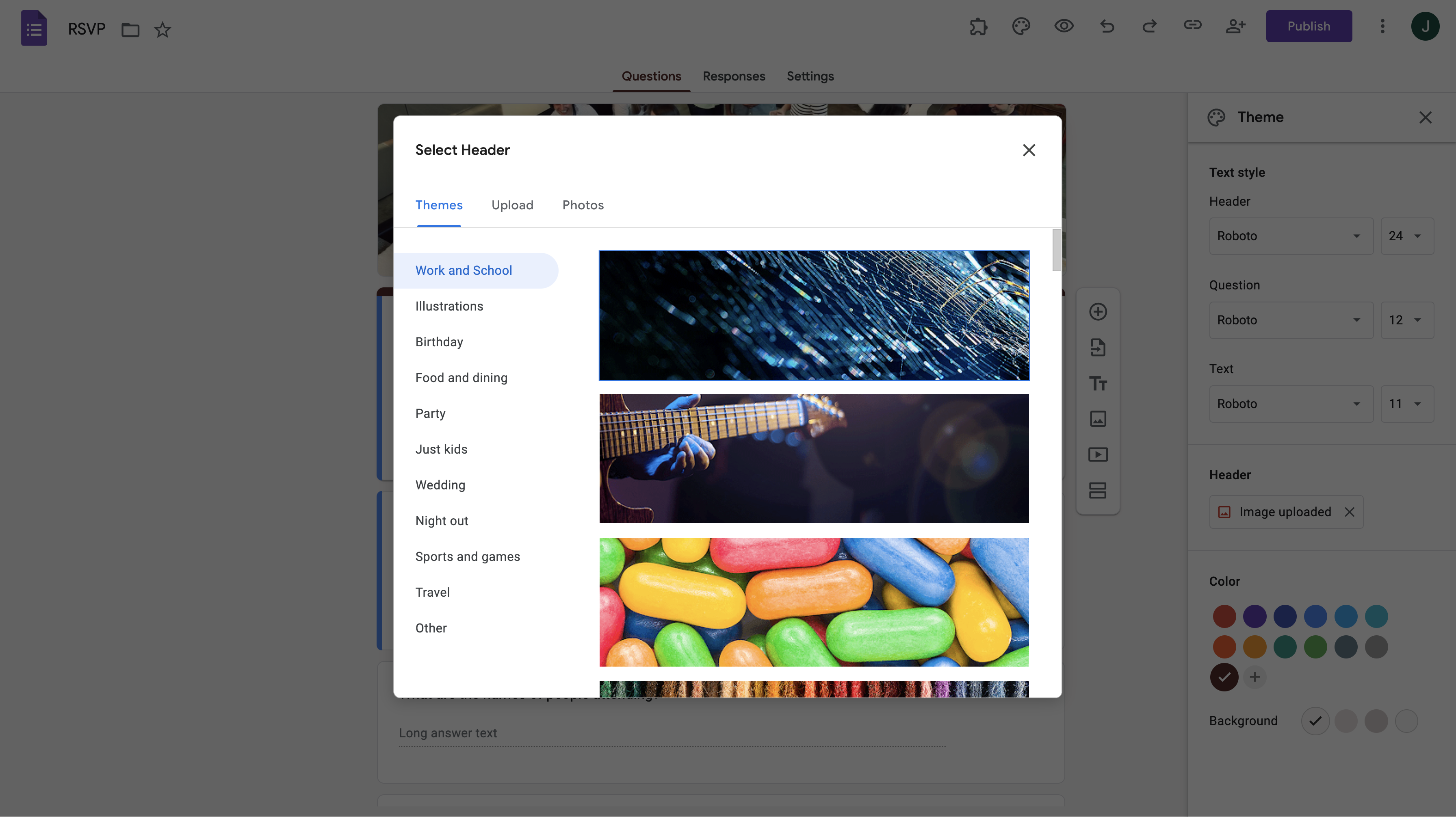 A pop-up menu for selecting a form header image, with different thematic categories such as work, school, and party