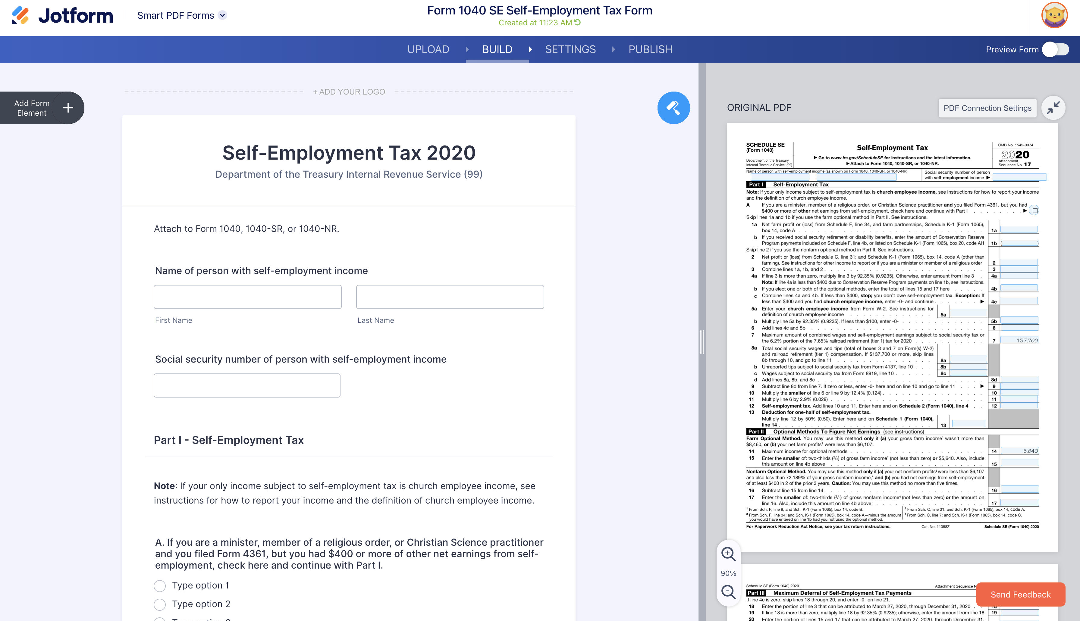 Image of 1040 SE Self-Employment Tax Form Template
