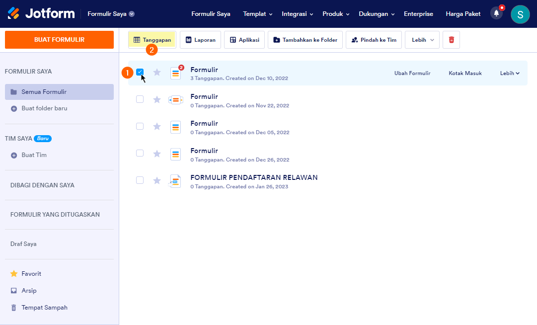 Langkah-langkah untuk membuka Tabel Jotform dari formulir saya