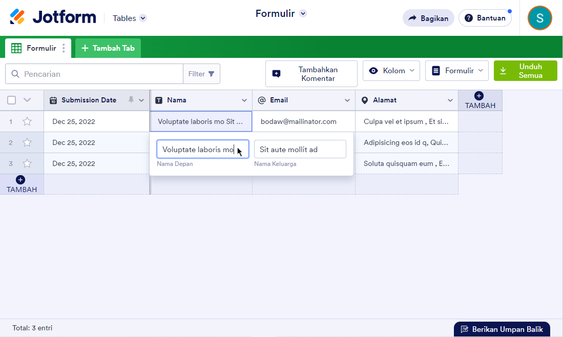 Memperbarui nilai langsung di Jotform Tabel