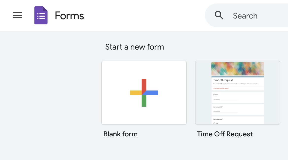 Screenshot of Google Forms' blank form selection