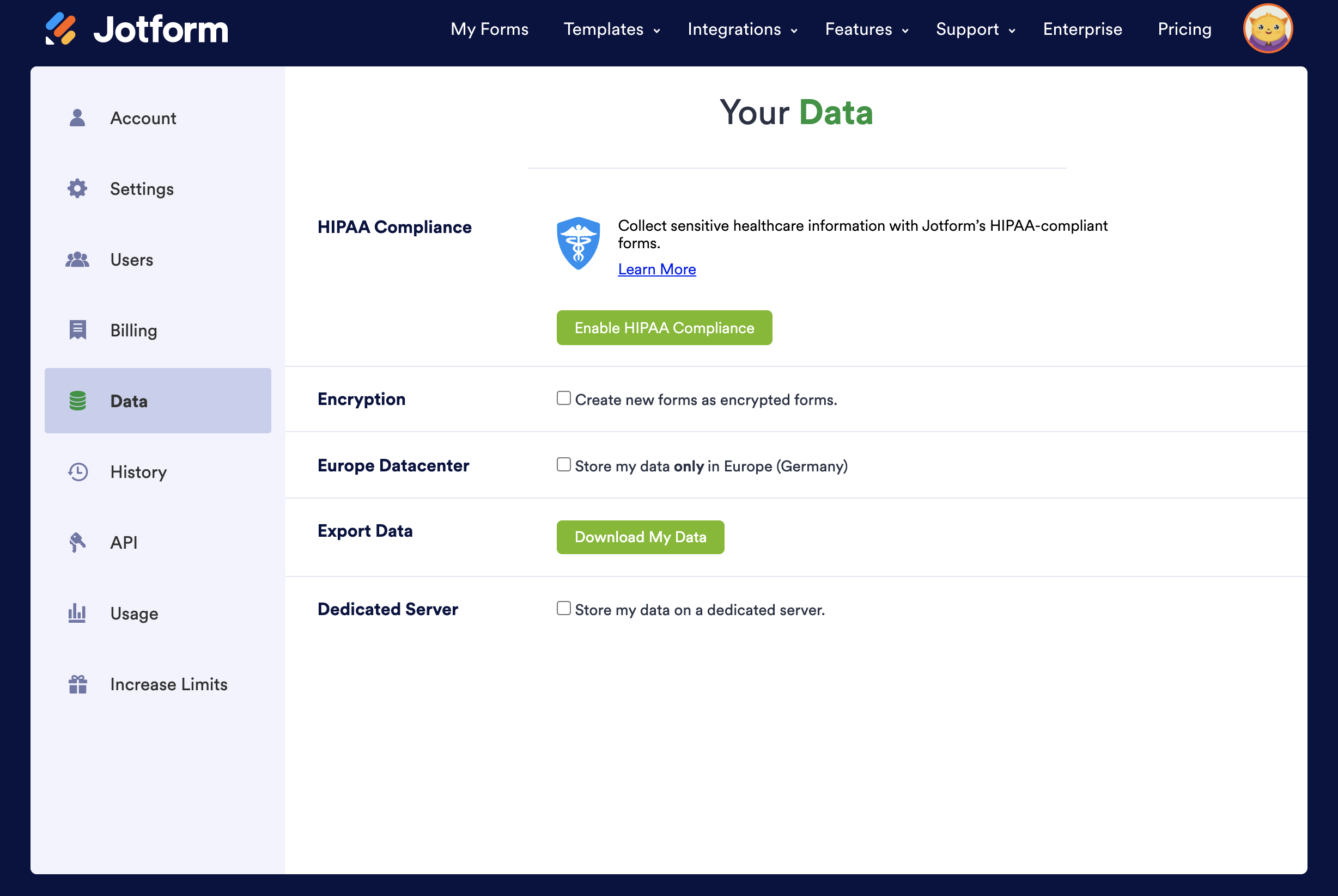 Image of Data Page in Account Tabs