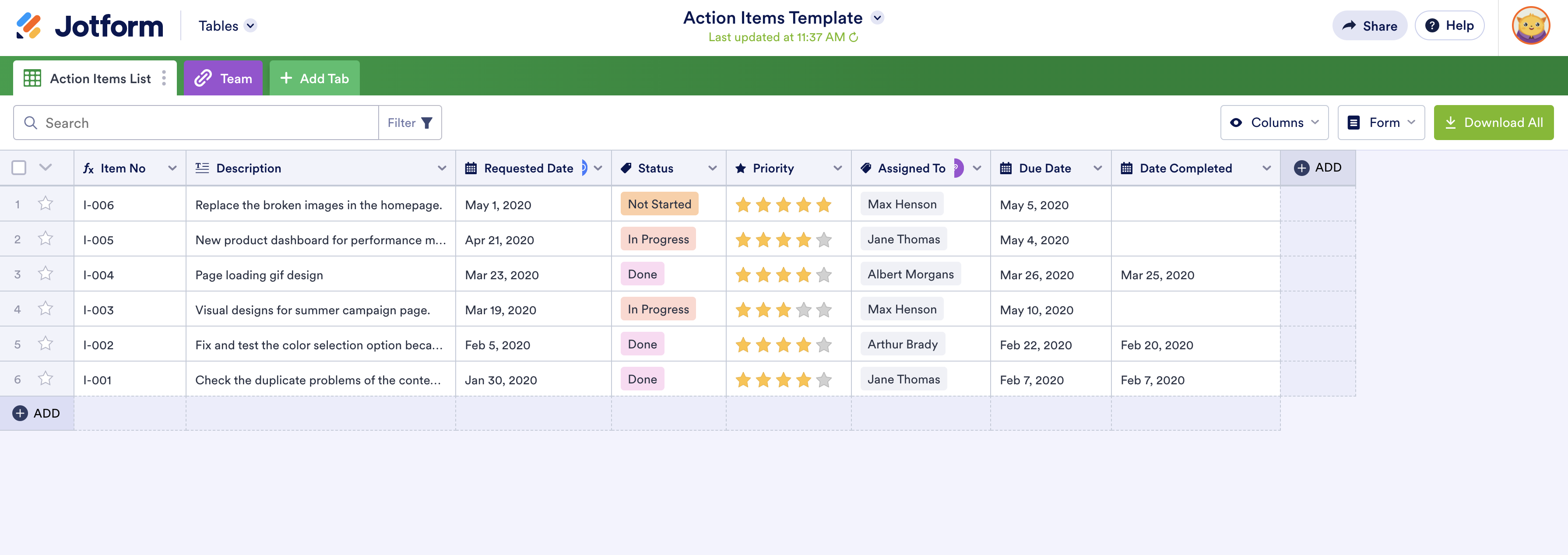 Image of Action Items Template