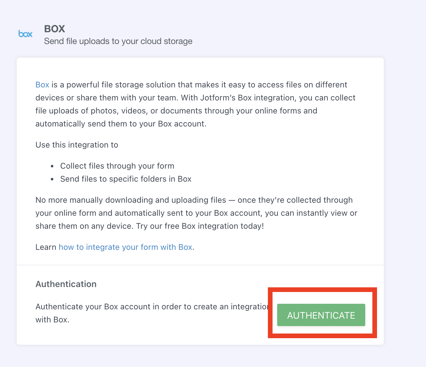 Image of Box Integration Page Clicking on Authenticate