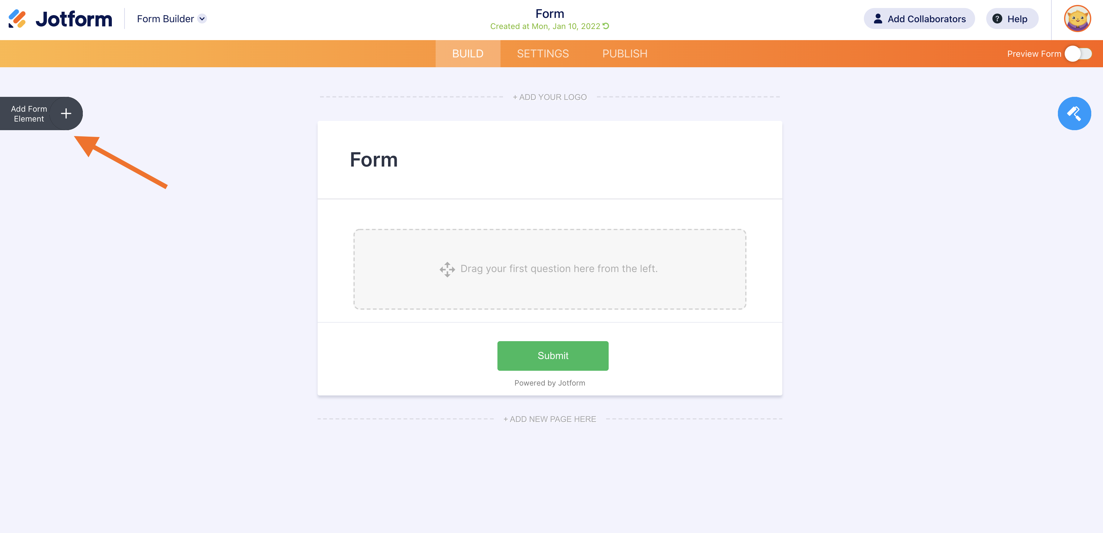 Screenshot of the Form Builder Clicking on Add Form Element