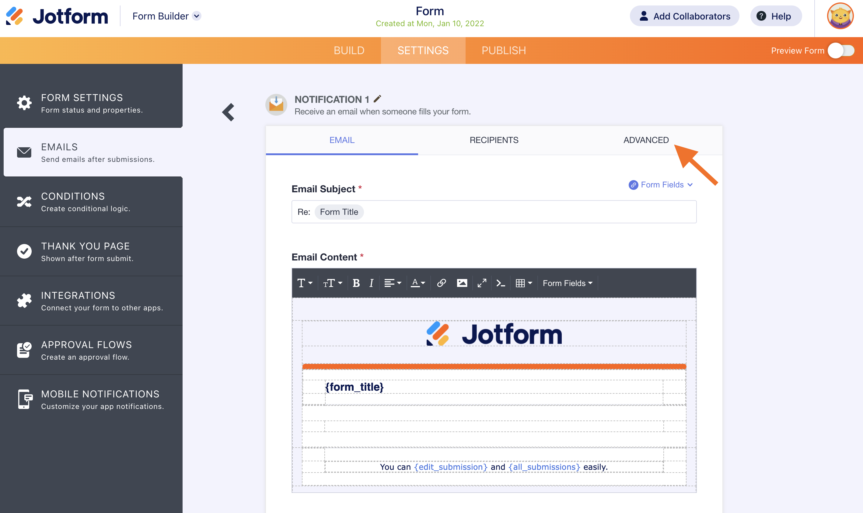 Screenshot of Notification 1 Emails Page Clicking on the Advanced Button 