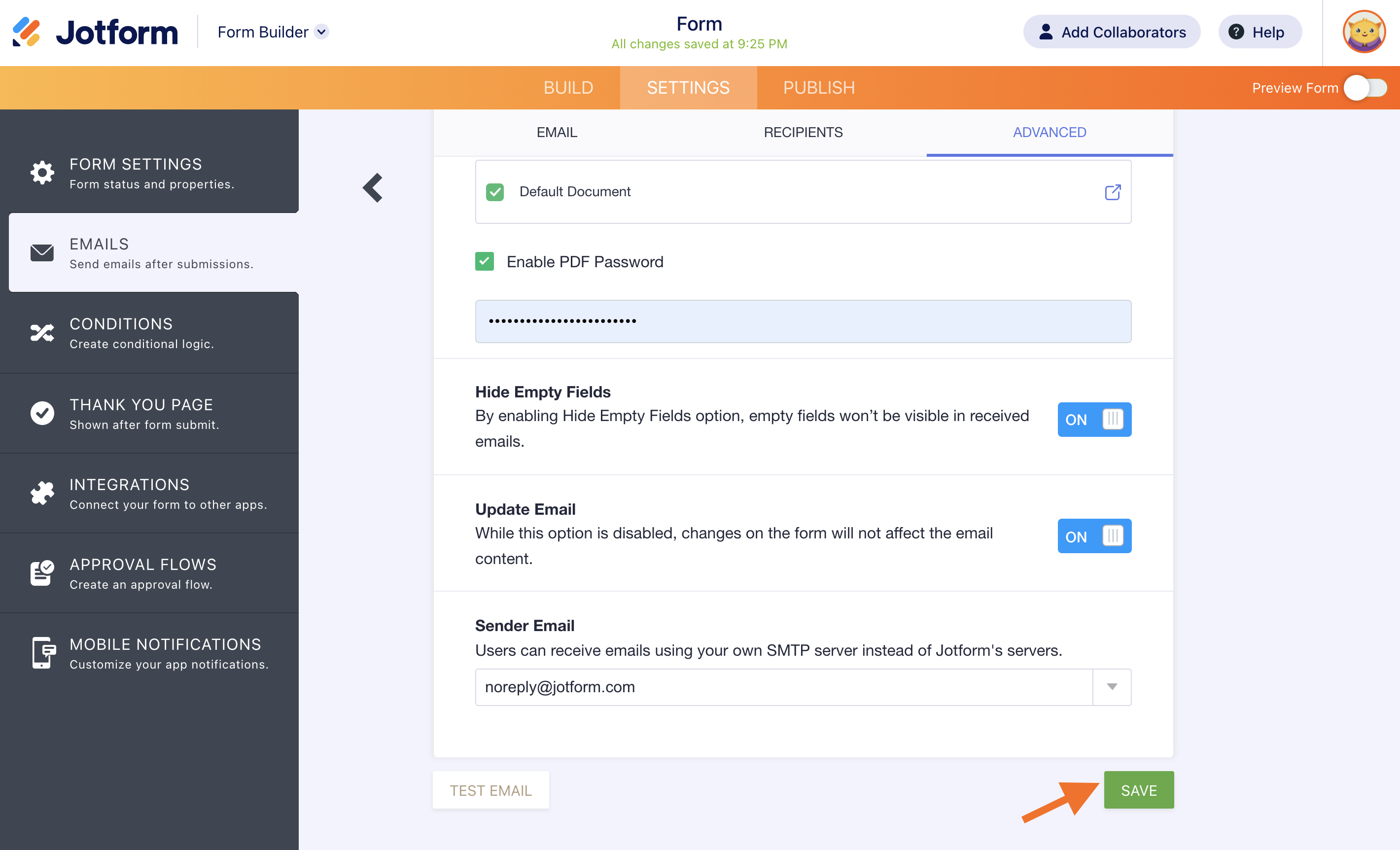 Screenshot of the Notification 1 Emails Page Saving the Changes