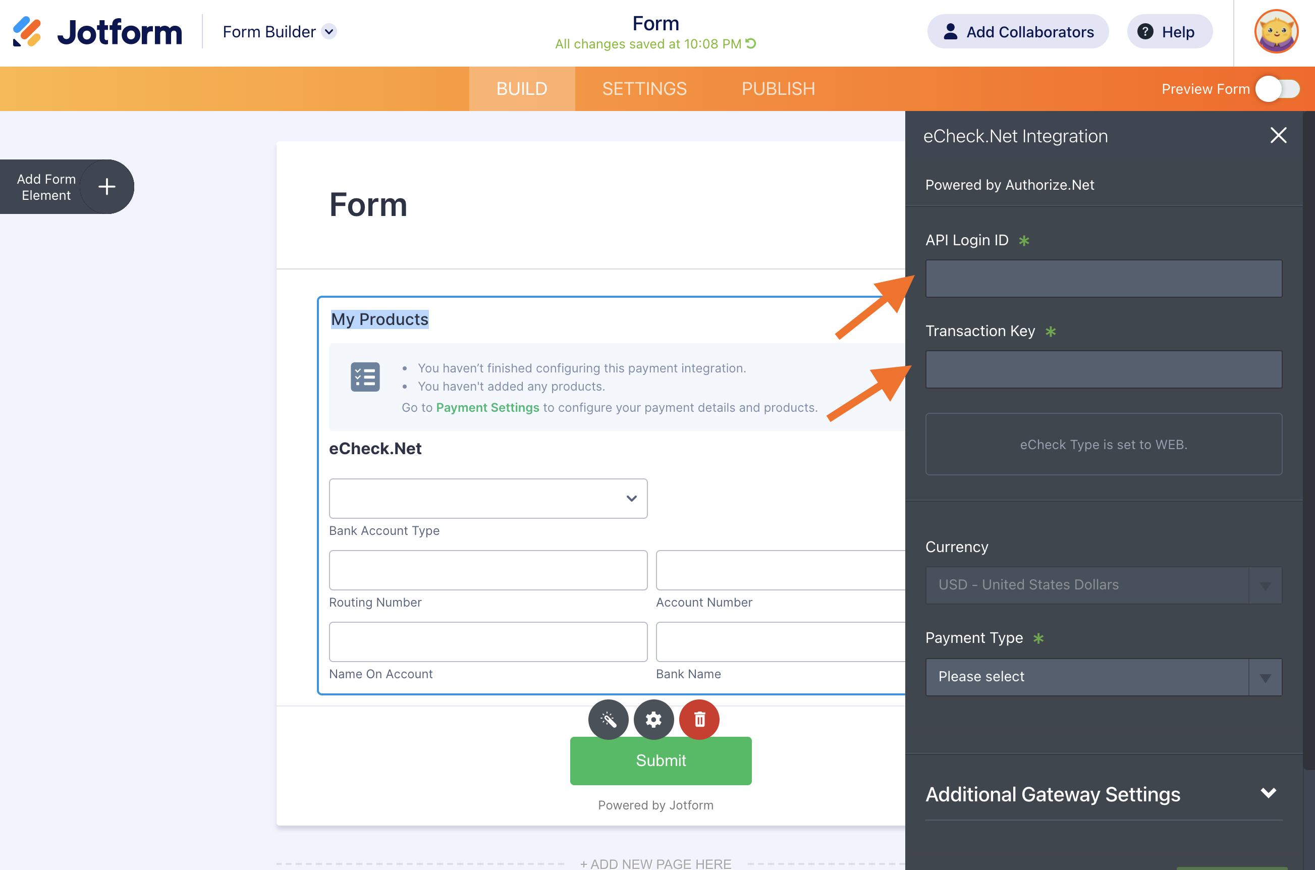 Screenshot of Form Builder Configuring to eCheck