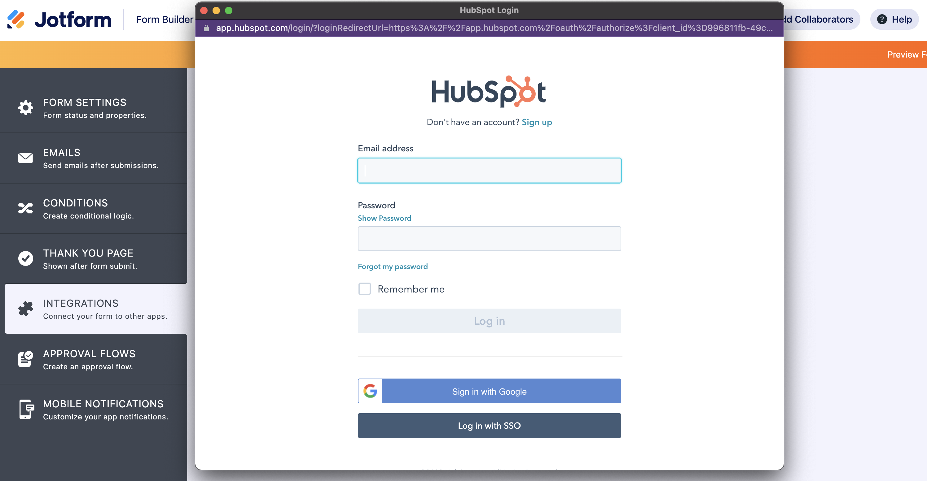 Screenshot of Integrations Connecting HubSpot Account to Jotform