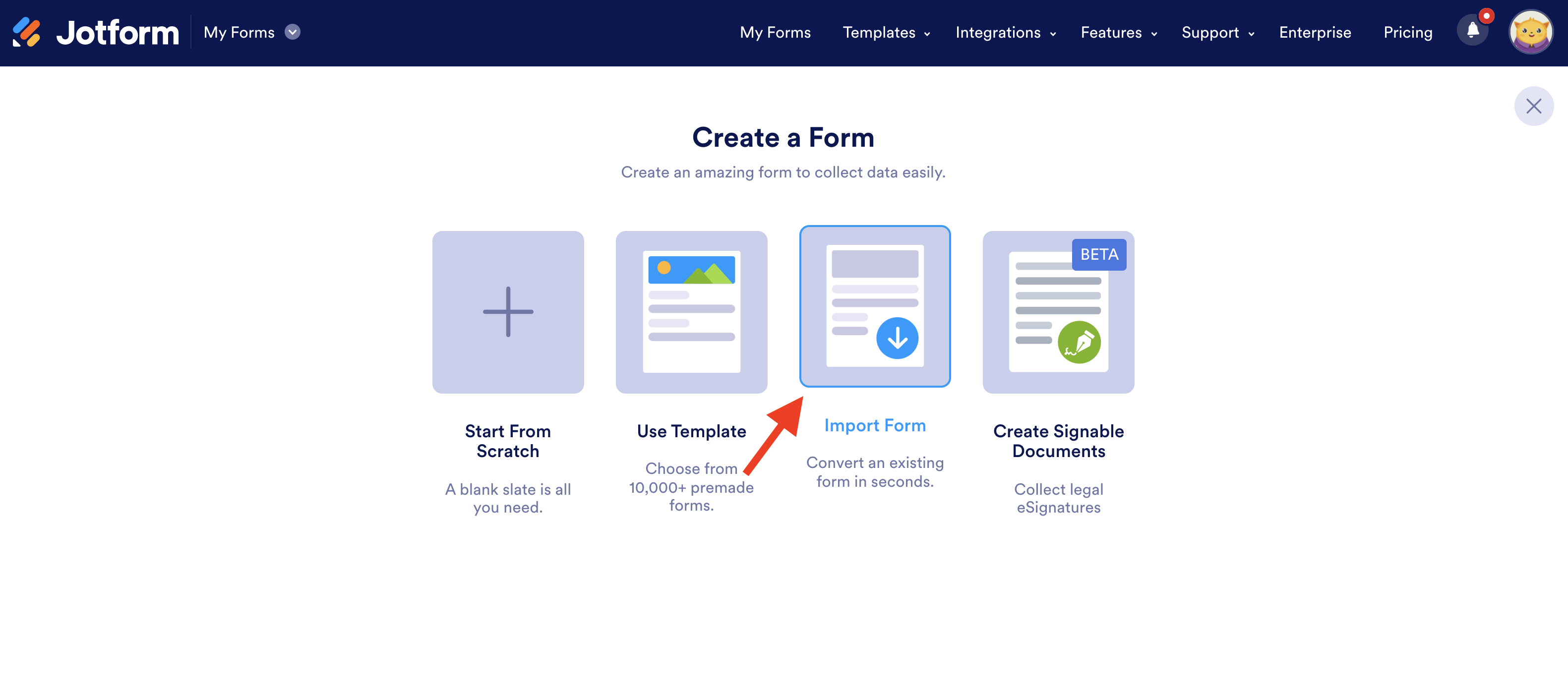 Screenshot of Create a Form Page Clicking on Import Form