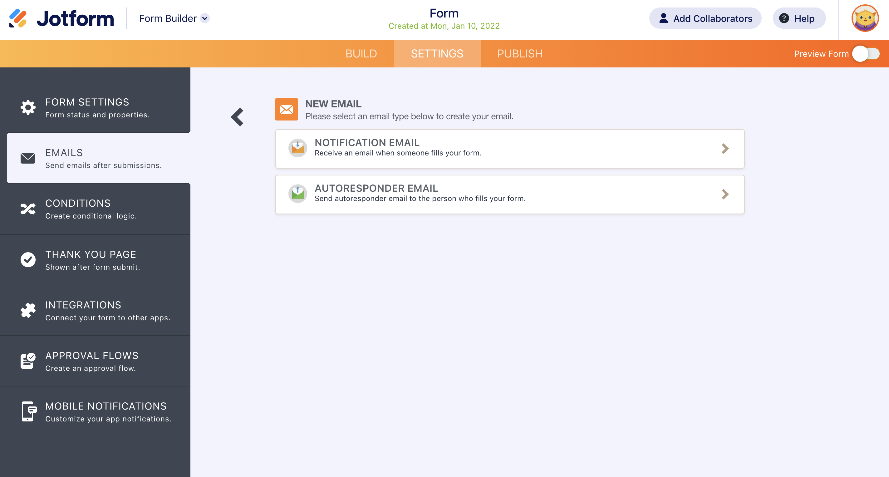 Screenshot of the Settings Tab Clicking on Emails and then Edit Icon