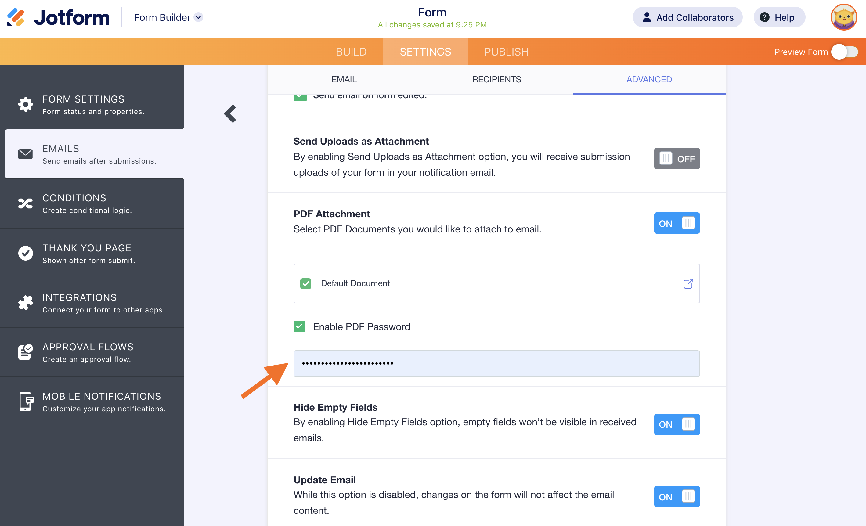 Screenshot of the Notification 1 Emails Page Entering Password