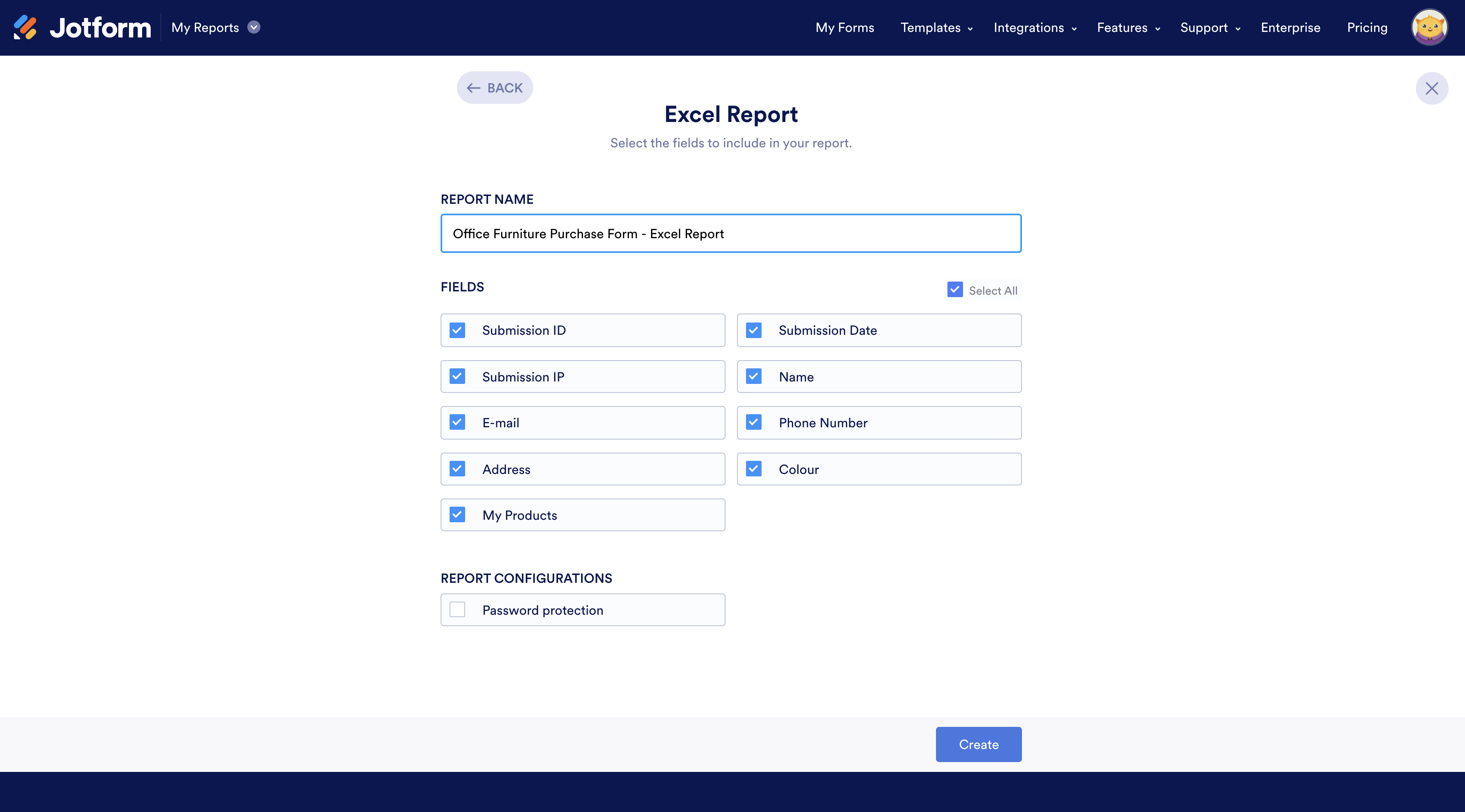 Image of Excel Report Page Selecting Spreadsheet Columns