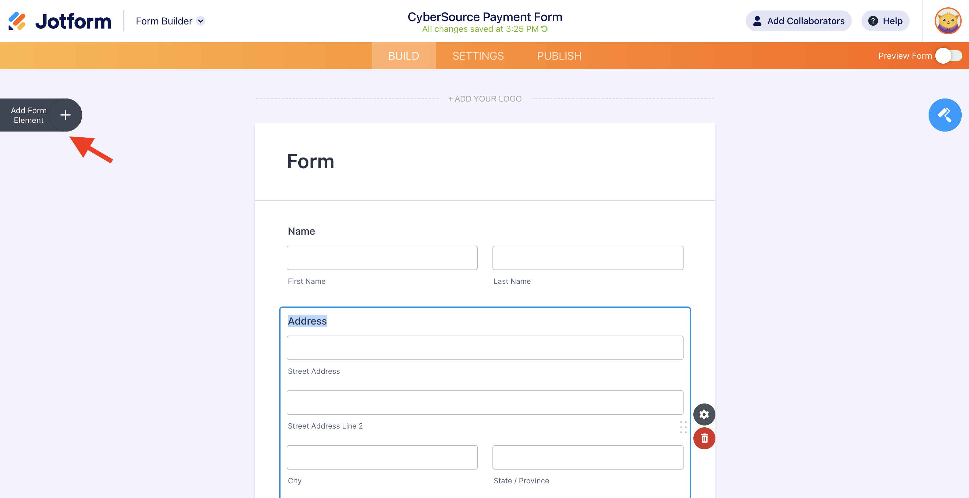 Screenshot of the Form Builder Clicking on Add Form Element