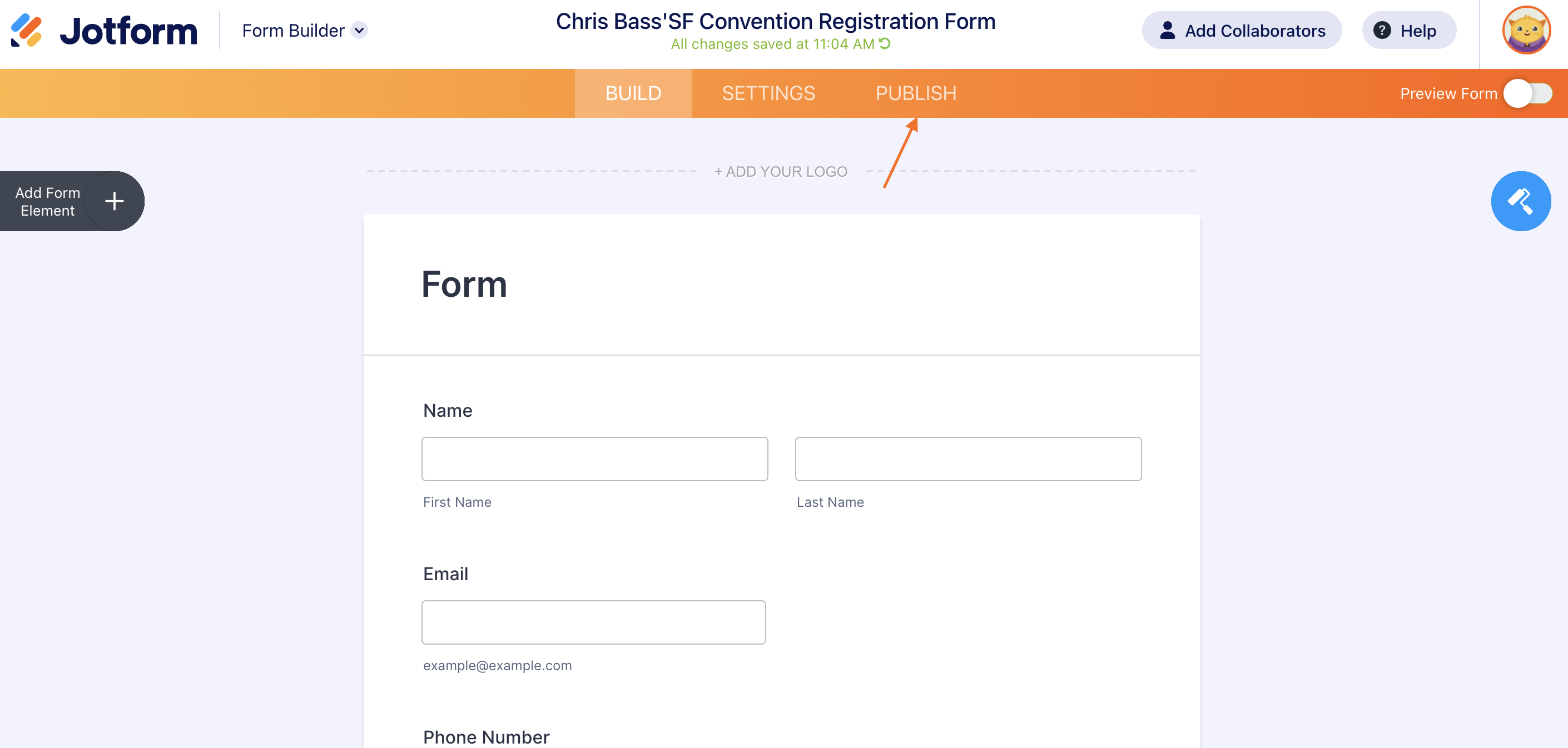 Tangkapan layar Form Builder Mengklik tab Publikasi