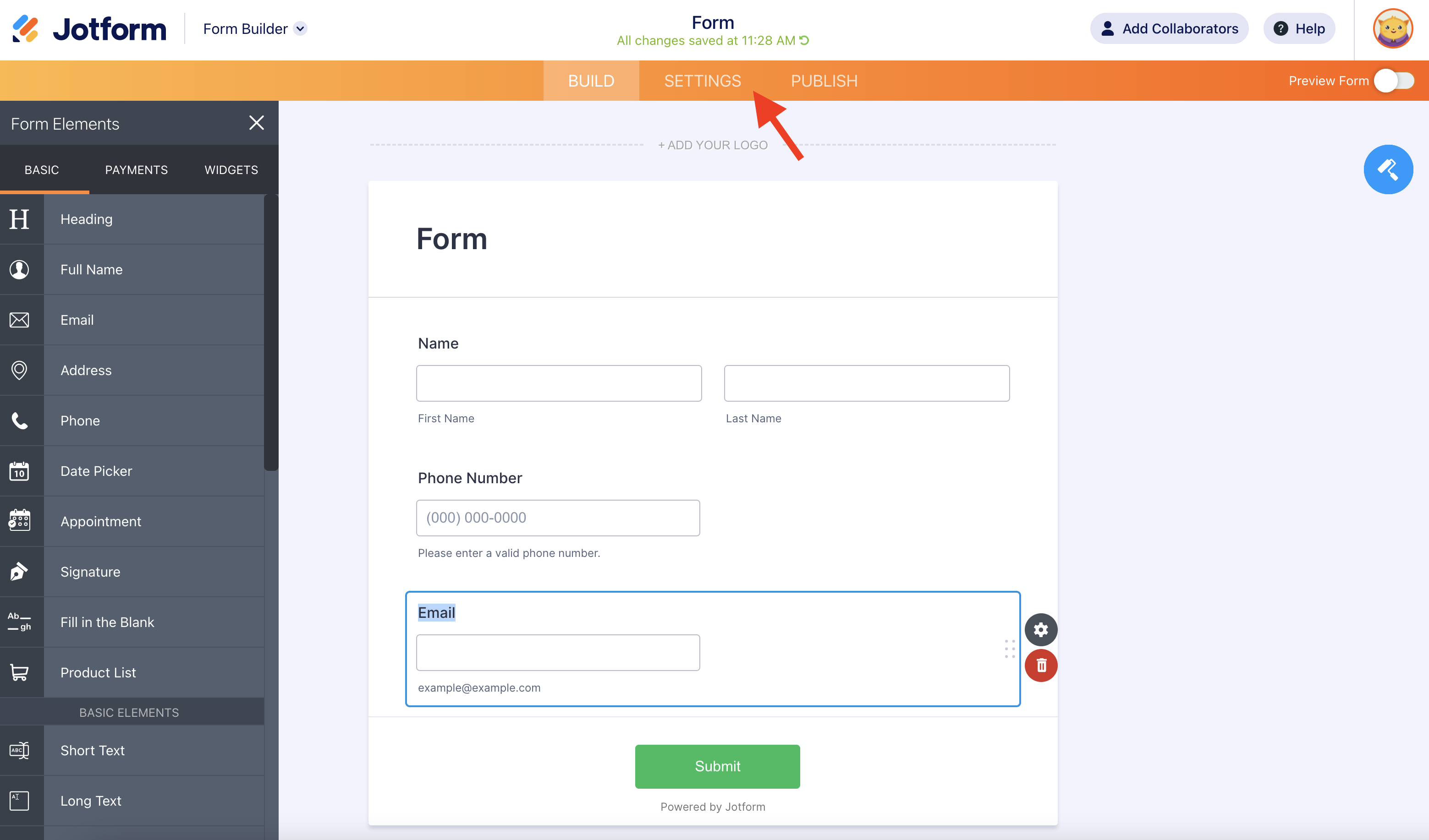 Screenshot of Form Builder Clicking on Settings
