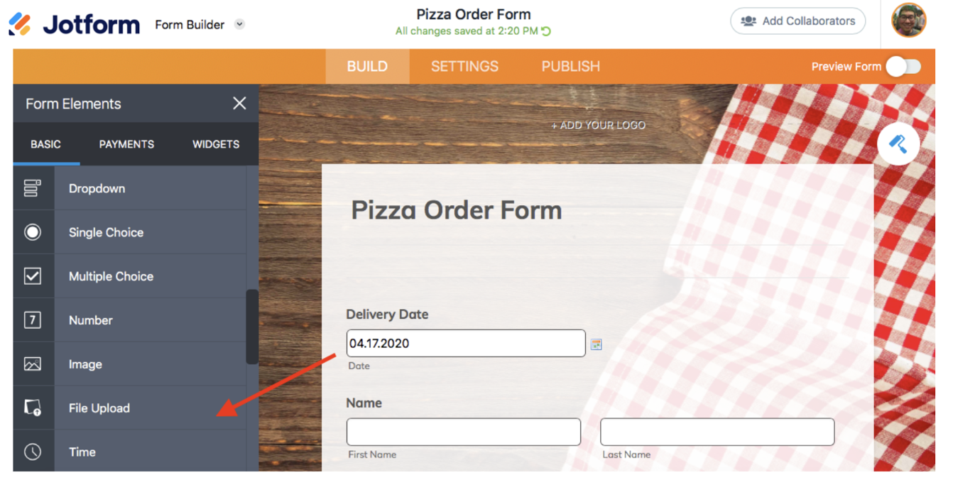 Screenshot of Form Builder File Upload Field