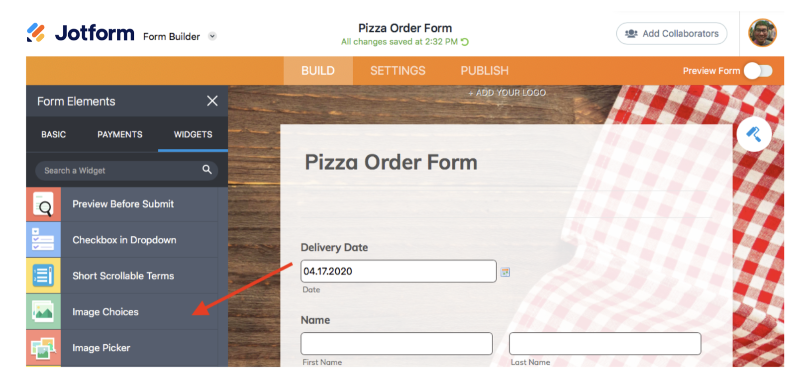 Screenshot of Form Builder Image Choices Widget