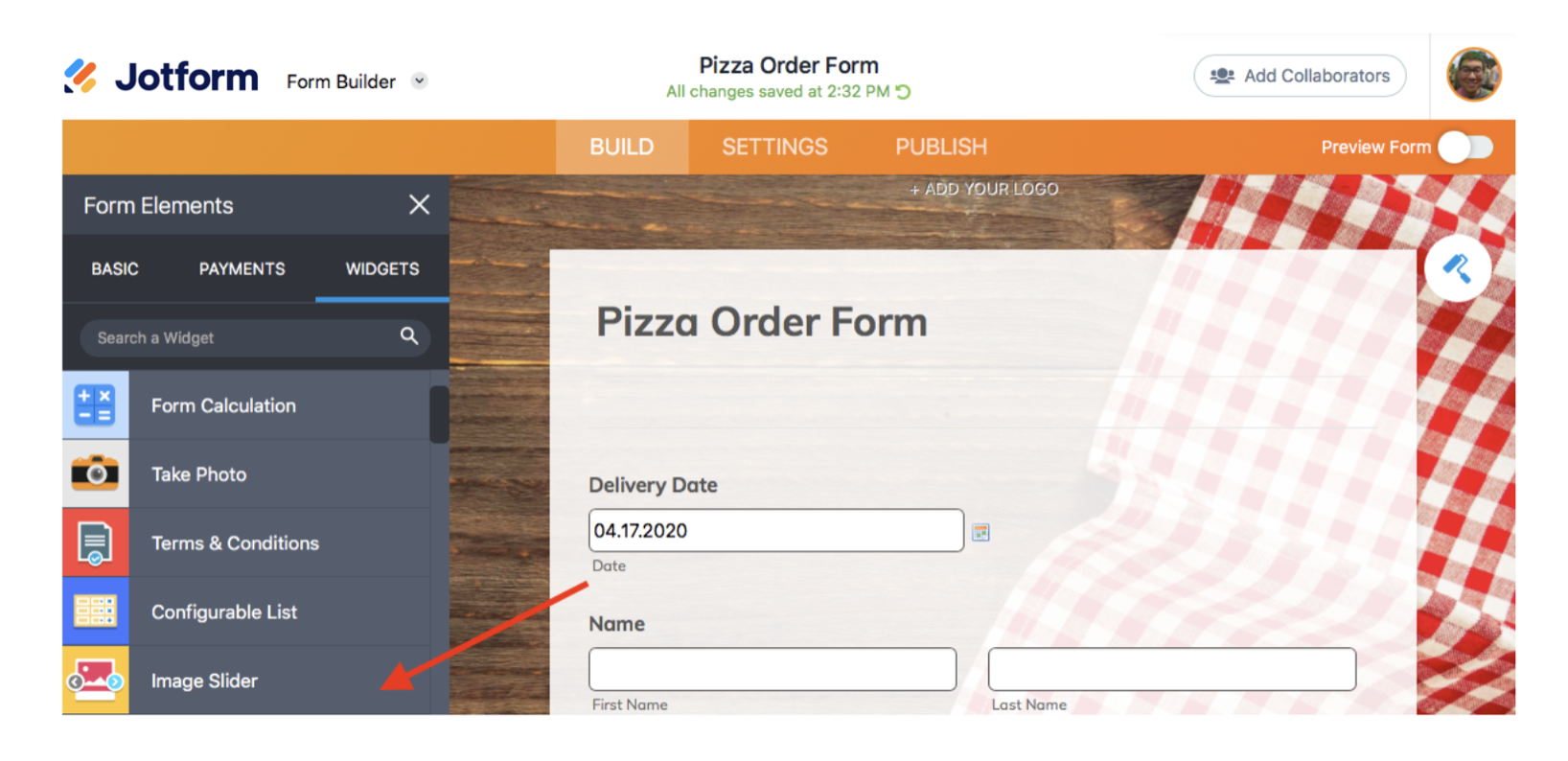 Screenshot of Form Builder Image Slider Widget