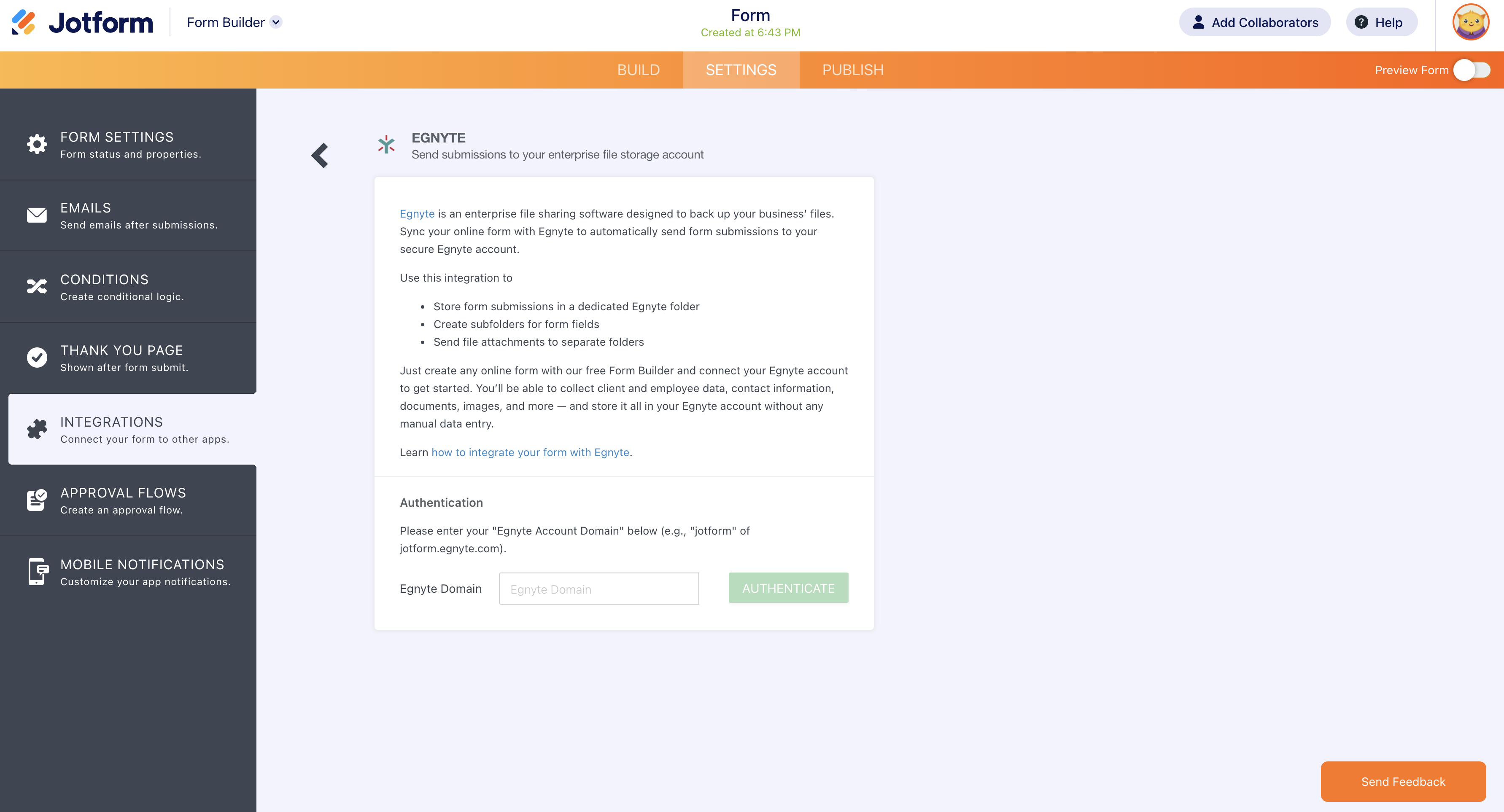 Screenshot of Egnyte Integrations Page