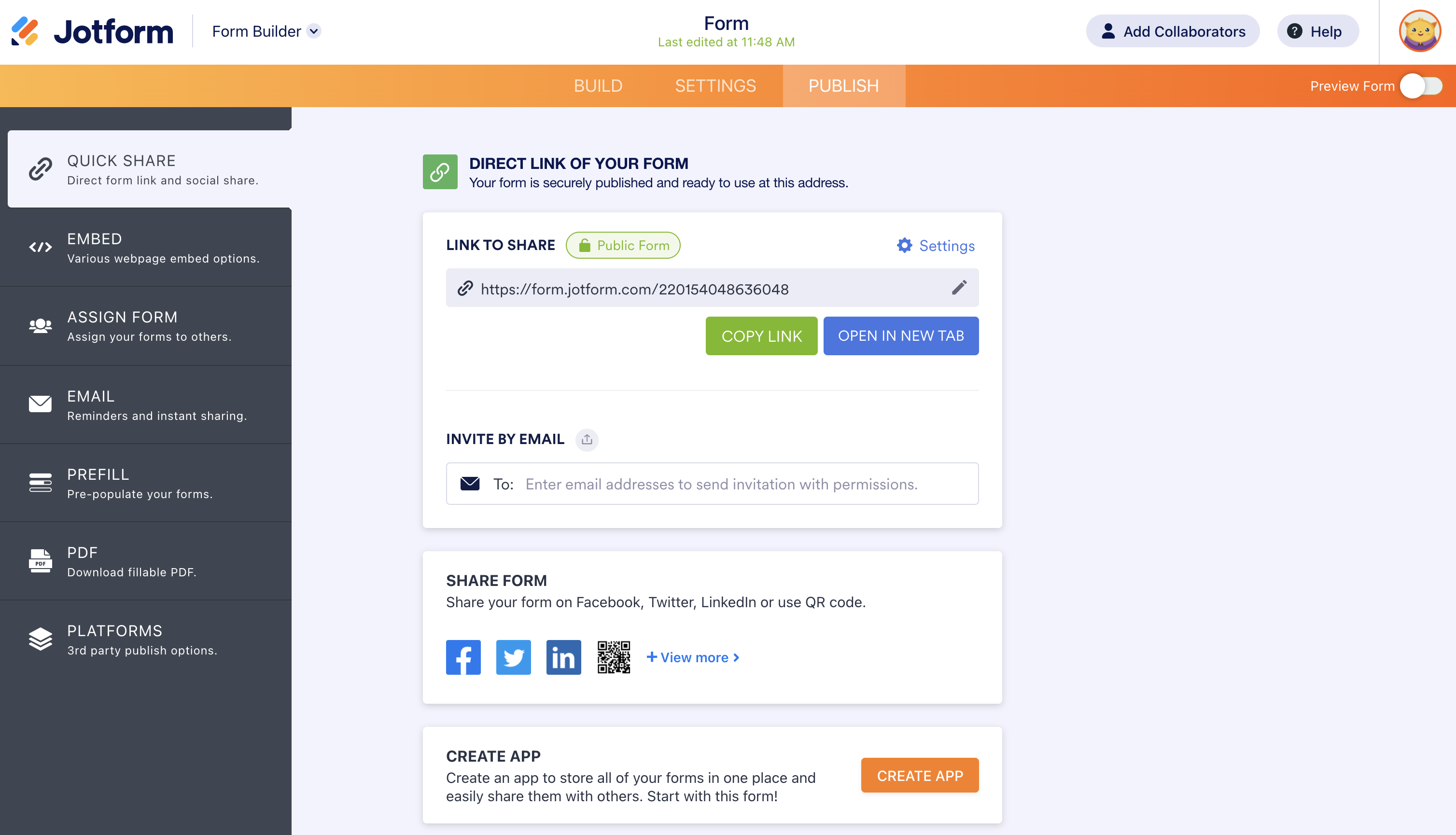 Screenshot of Publish Page of the Form Builder